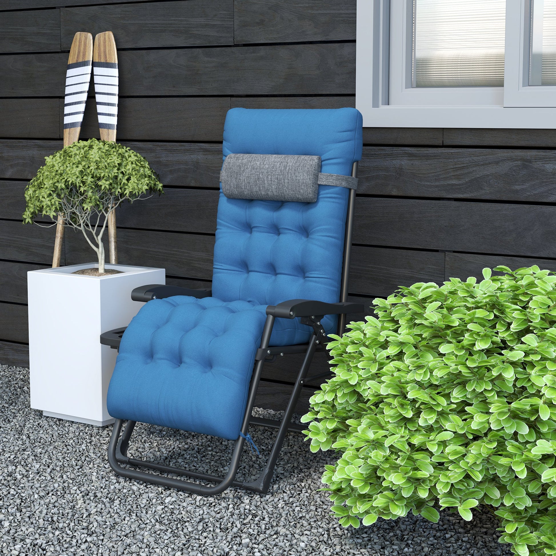 Padded Zero Gravity Chair, Folding Recliner Chair, Patio Lounger with Cup Holder, Headrest, Adjustable Backrest, Removable Cushion for Outdoor, Patio, Deck, Navy Blue