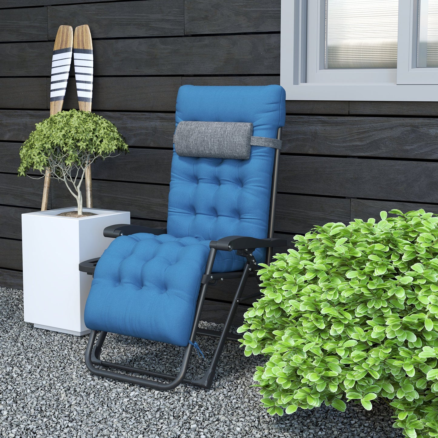 Padded Zero Gravity Chair, Folding Recliner Chair, Patio Lounger with Cup Holder, Headrest, Adjustable Backrest, Removable Cushion for Outdoor, Patio, Deck, Navy Blue