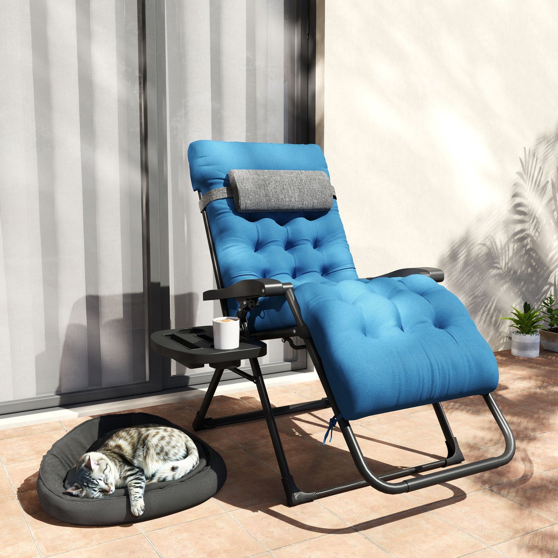 Padded Zero Gravity Chair, Folding Recliner Chair, Patio Lounger with Cup Holder, Headrest, Adjustable Backrest, Removable Cushion for Outdoor, Patio, Deck, Navy Blue