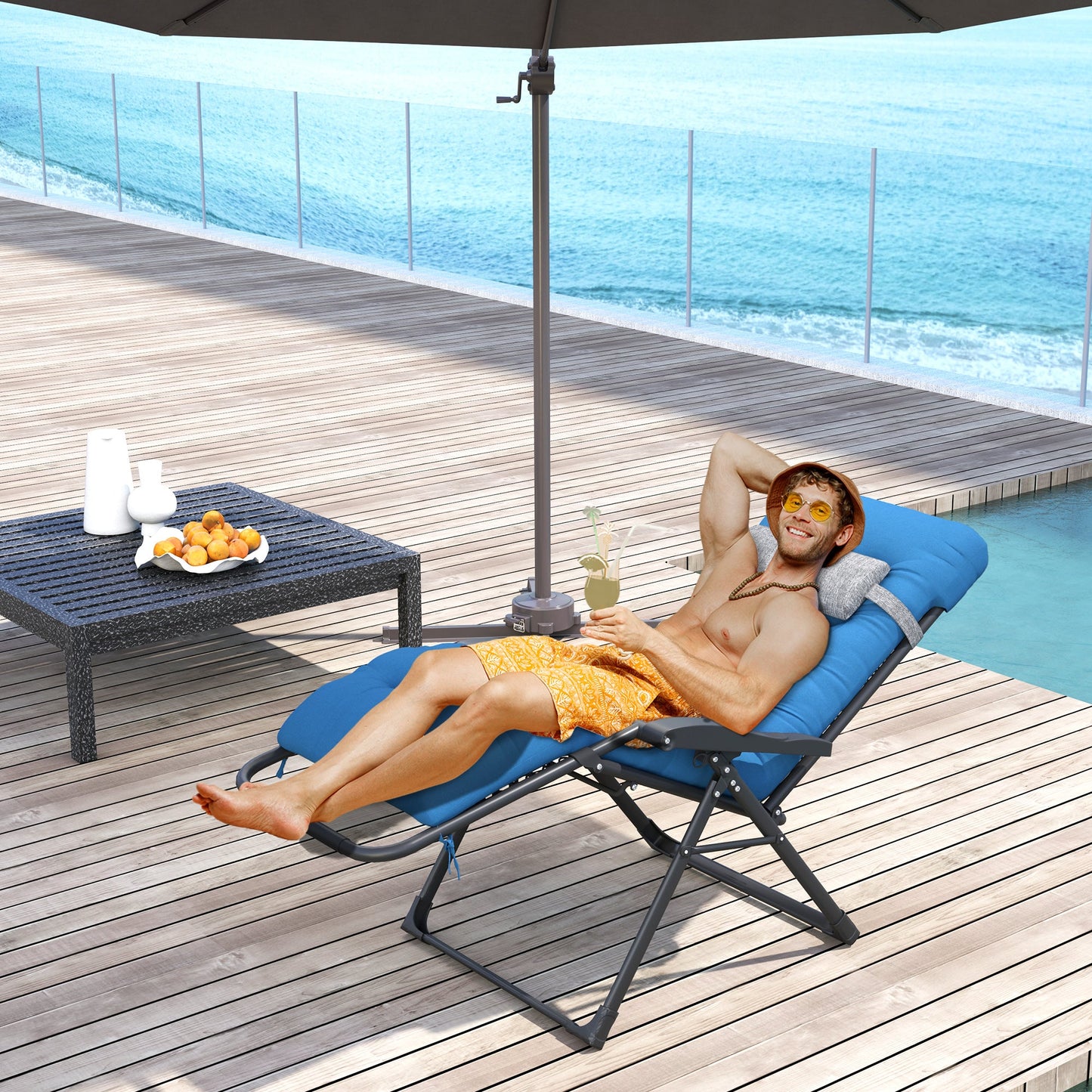 Padded Zero Gravity Chair, Folding Recliner Chair, Patio Lounger with Cup Holder, Headrest, Adjustable Backrest, Removable Cushion for Outdoor, Patio, Deck, Navy Blue