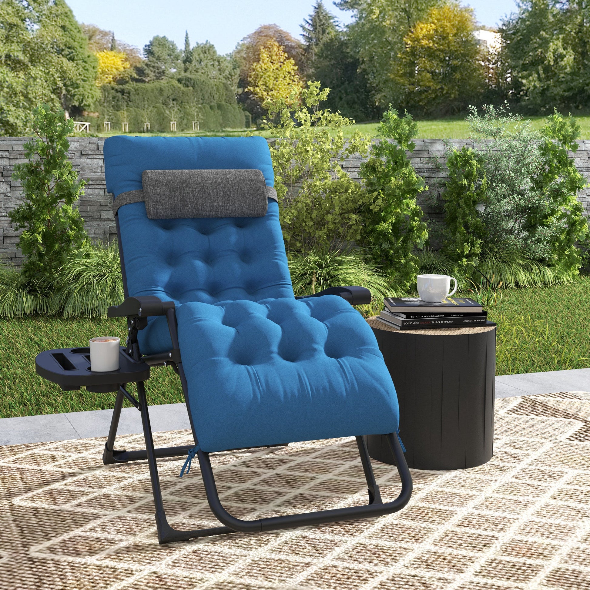 Padded Zero Gravity Chair, Folding Recliner Chair, Patio Lounger with Cup Holder, Headrest, Adjustable Backrest, Removable Cushion for Outdoor, Patio, Deck, Navy Blue