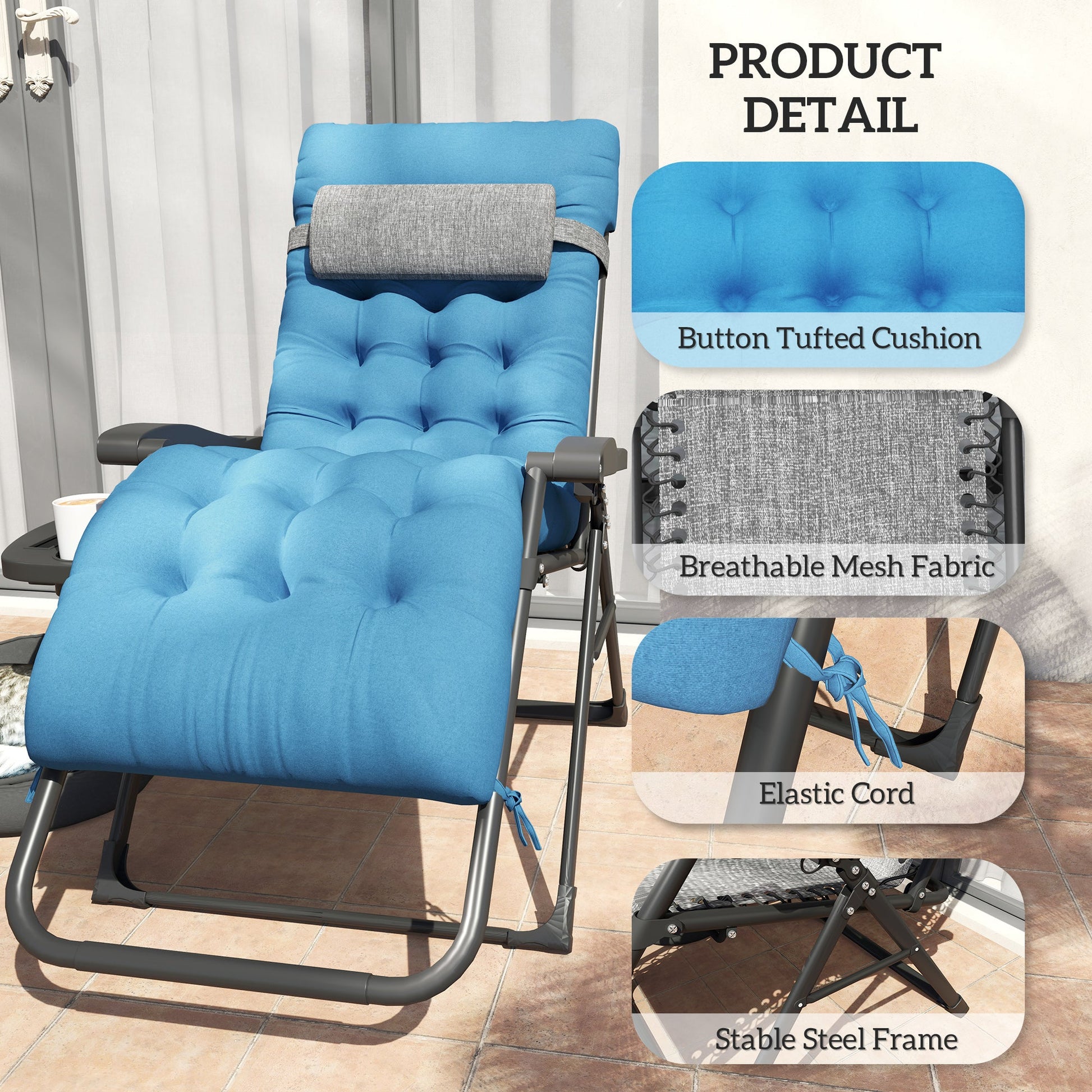 Padded Zero Gravity Chair, Folding Recliner Chair, Patio Lounger with Cup Holder, Headrest, Adjustable Backrest, Removable Cushion for Outdoor, Patio, Deck, Navy Blue