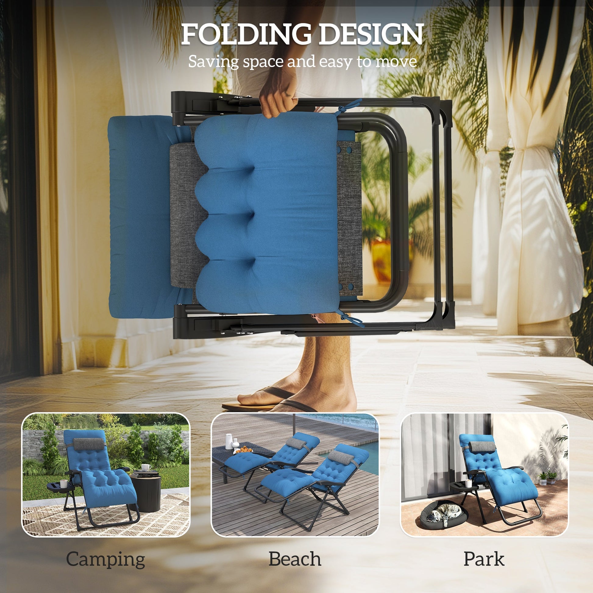 Padded Zero Gravity Chair, Folding Recliner Chair, Patio Lounger with Cup Holder, Headrest, Adjustable Backrest, Removable Cushion for Outdoor, Patio, Deck, Navy Blue