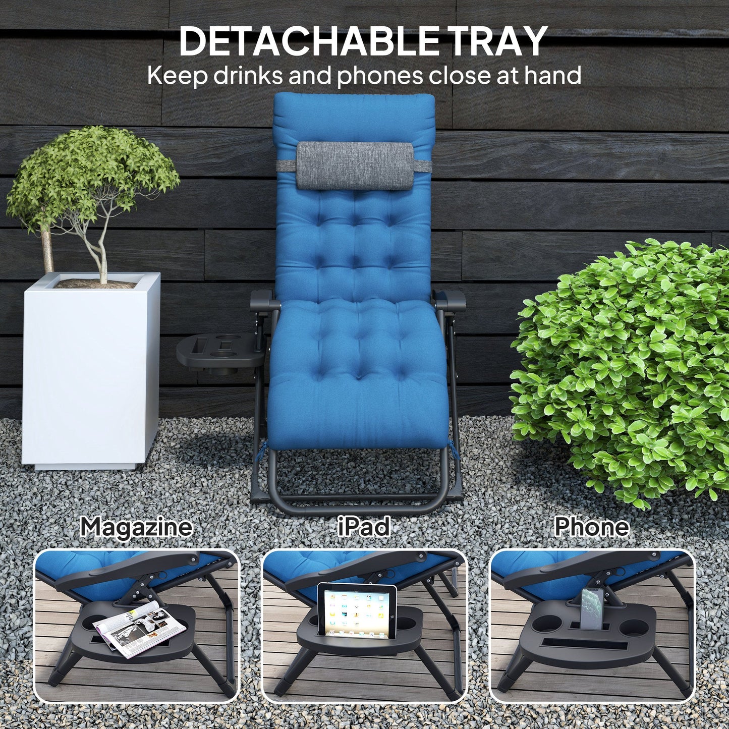 Padded Zero Gravity Chair, Folding Recliner Chair, Patio Lounger with Cup Holder, Headrest, Adjustable Backrest, Removable Cushion for Outdoor, Patio, Deck, Navy Blue