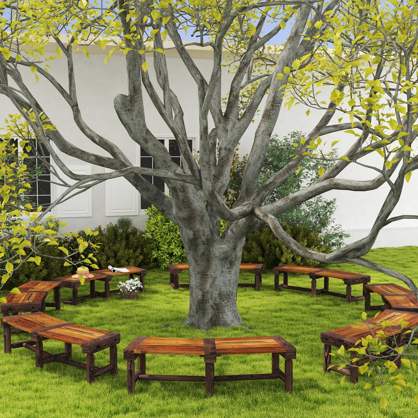Wooden Outdoor Bench, Semicircular Round Patio Loveseat, Wrap Around Tree Bench with Slatted Seat for Yard, Garden, Deck, Lawn, Brown