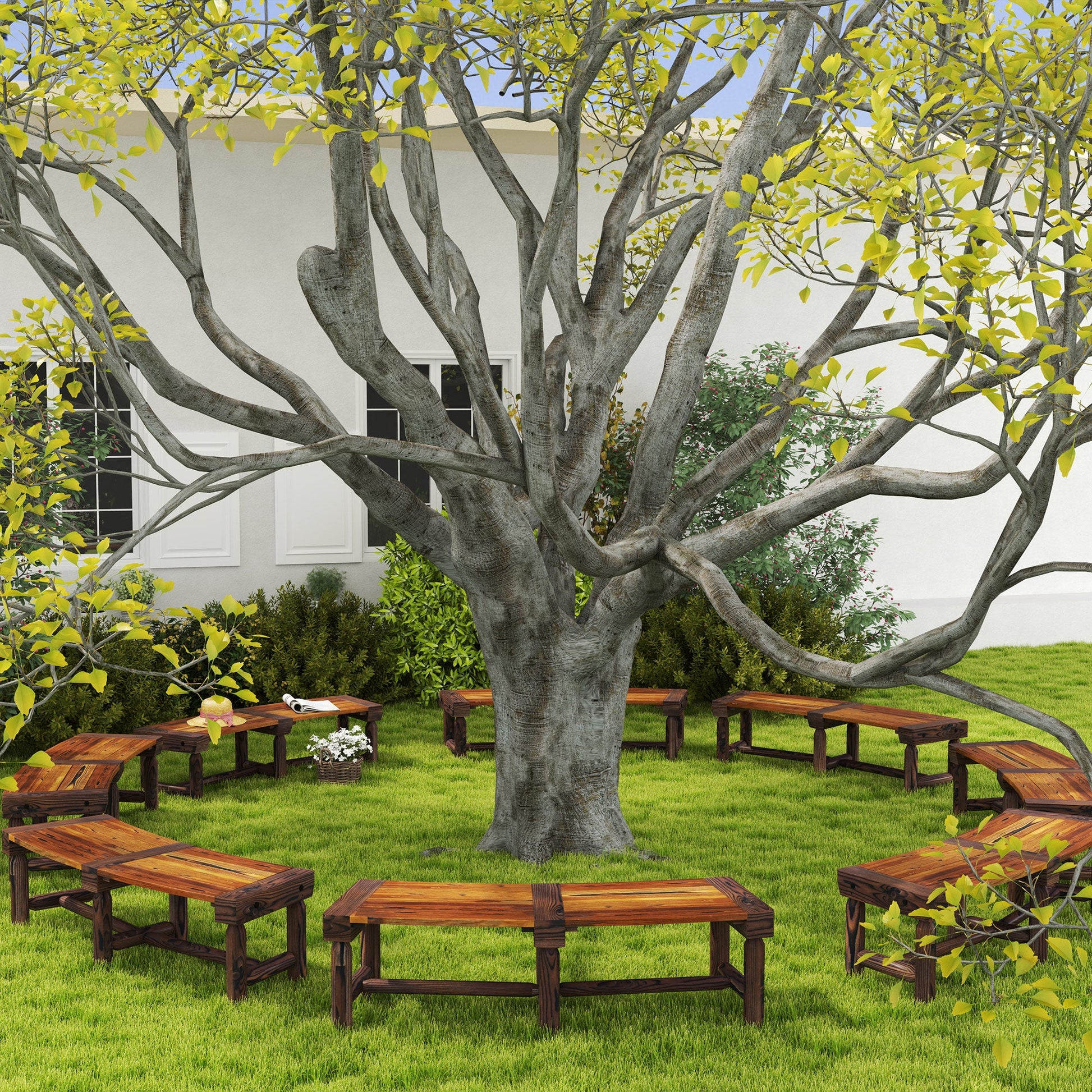 Wooden Outdoor Bench, Semicircular Round Patio Loveseat, Wrap Around Tree Bench with Slatted Seat for Yard, Garden, Deck, Lawn, Brown