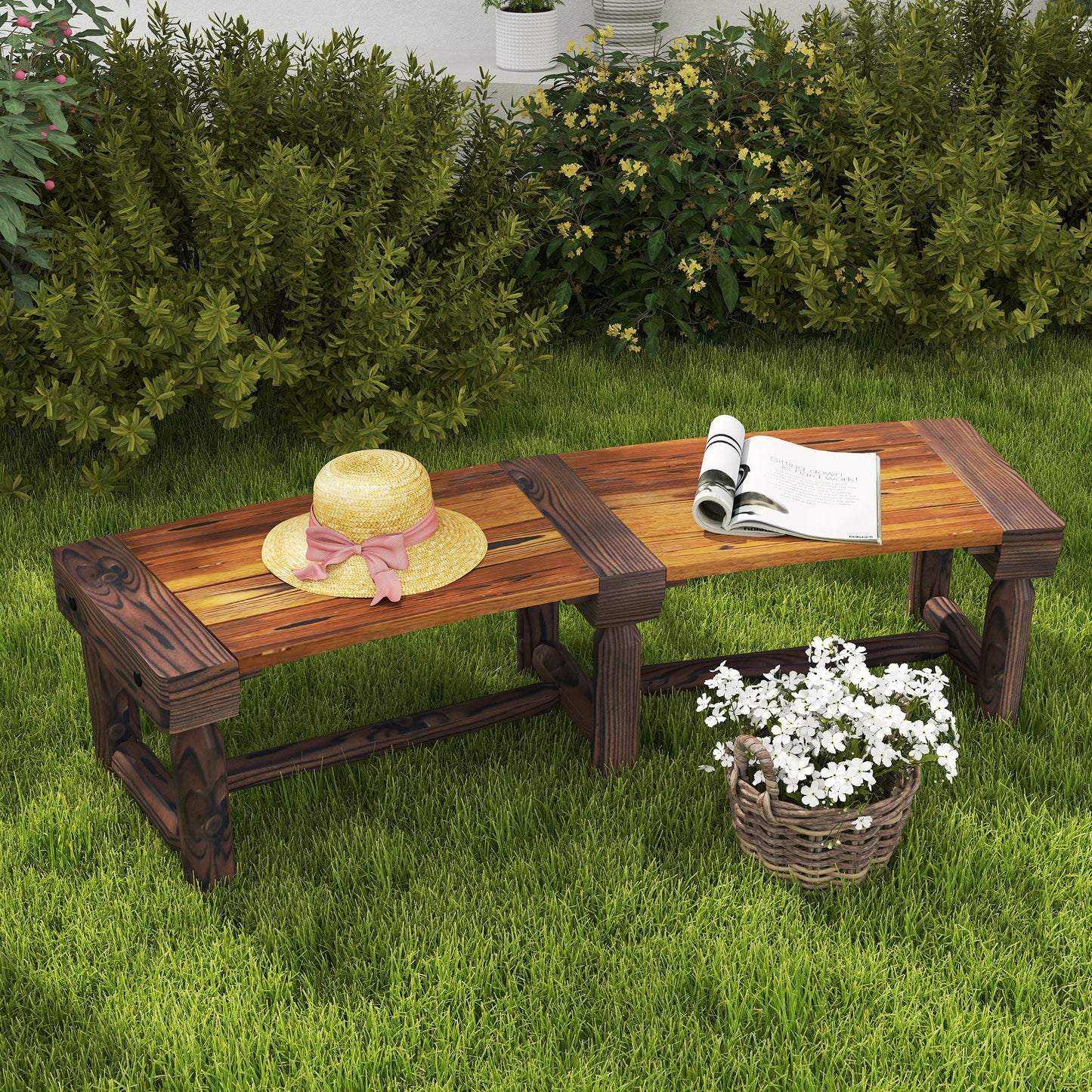Wooden Outdoor Bench, Semicircular Round Patio Loveseat, Wrap Around Tree Bench with Slatted Seat for Yard, Garden, Deck, Lawn, Brown