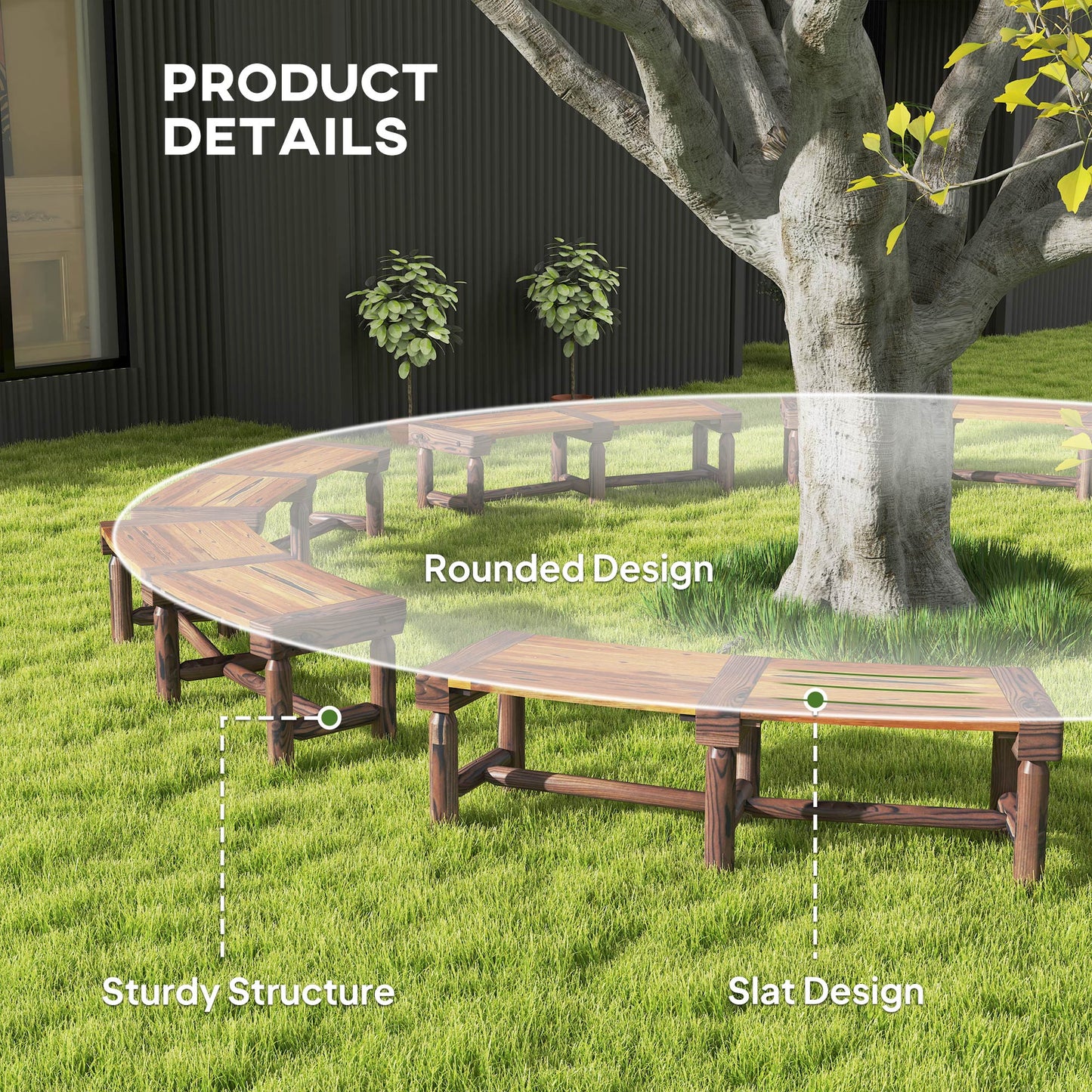 Wooden Outdoor Bench, Semicircular Round Patio Loveseat, Wrap Around Tree Bench with Slatted Seat for Yard, Garden, Deck, Lawn, Brown