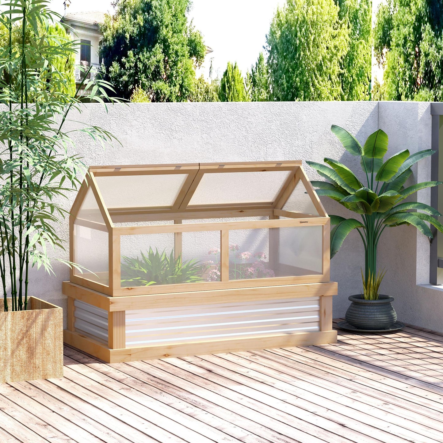 Wooden Cold Frame, Raised Garden Bed with Polycarbonate Greenhouse, Flower Planter Protection, 48" x 24" x 32", Natural