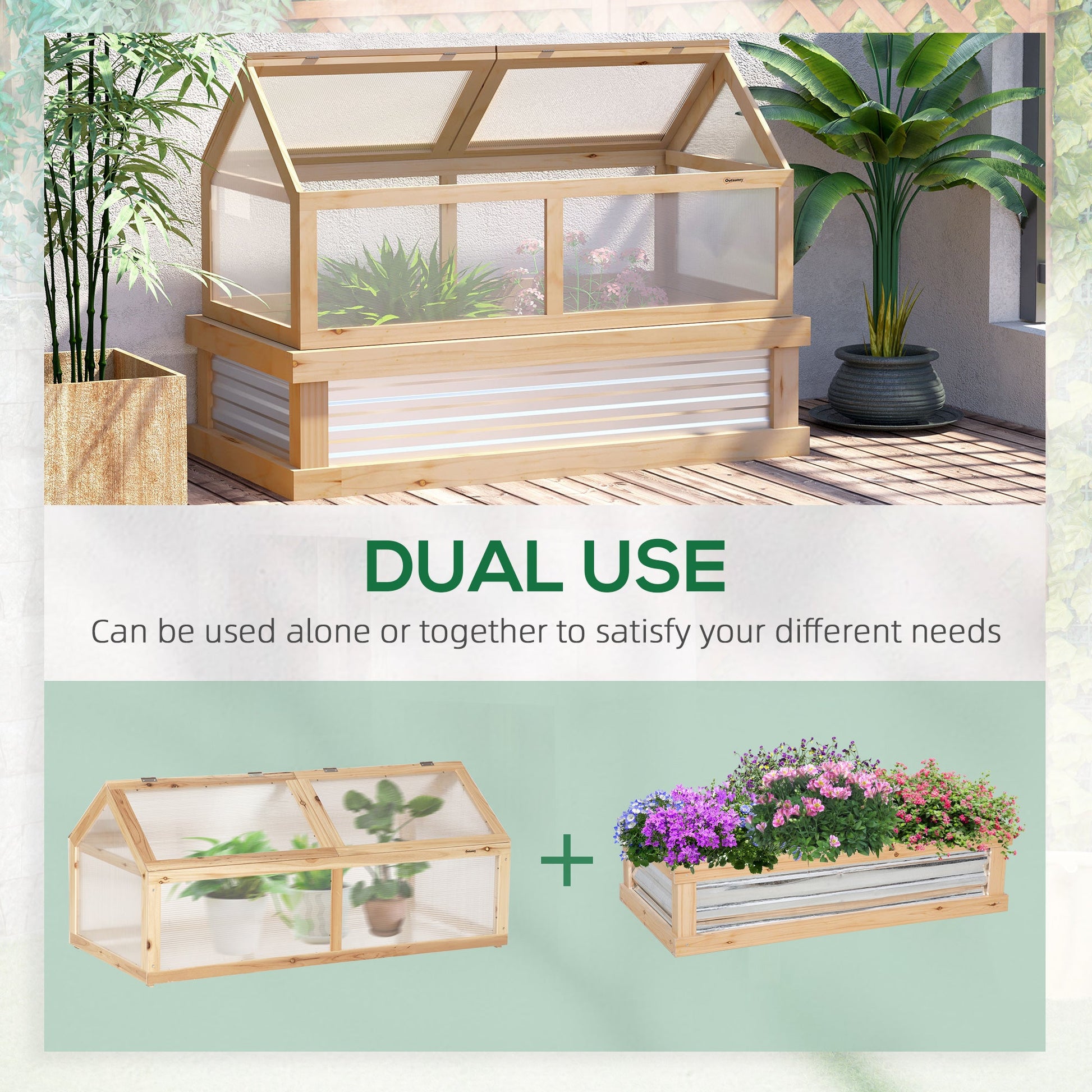 Wooden Cold Frame, Raised Garden Bed with Polycarbonate Greenhouse, Flower Planter Protection, 48" x 24" x 32", Natural