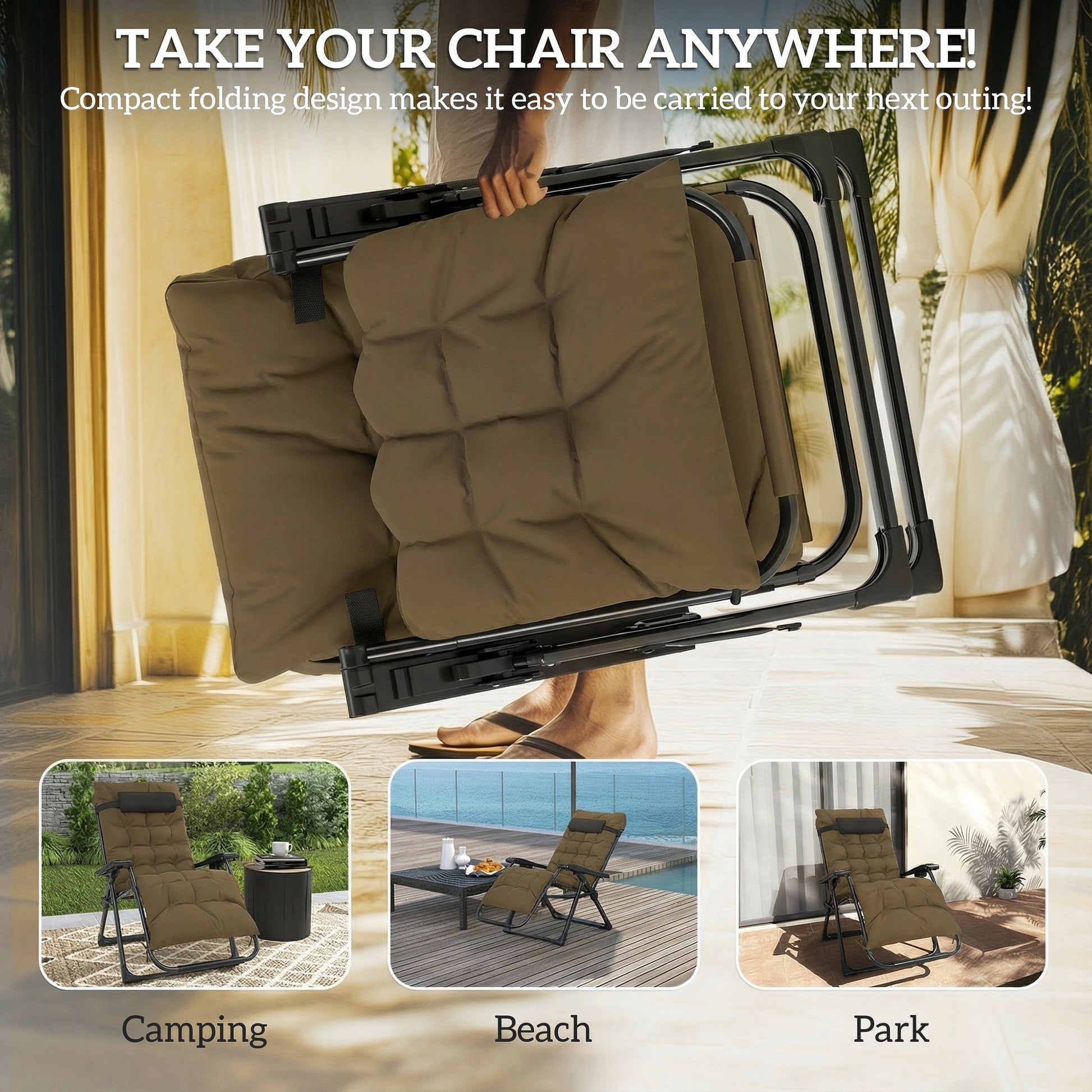 Reclining Zero Gravity Chair with Adjustable Backrest, Folding Garden Sun Lounger, Outdoor Recliner with Removable Cushion and Headrest, Khaki