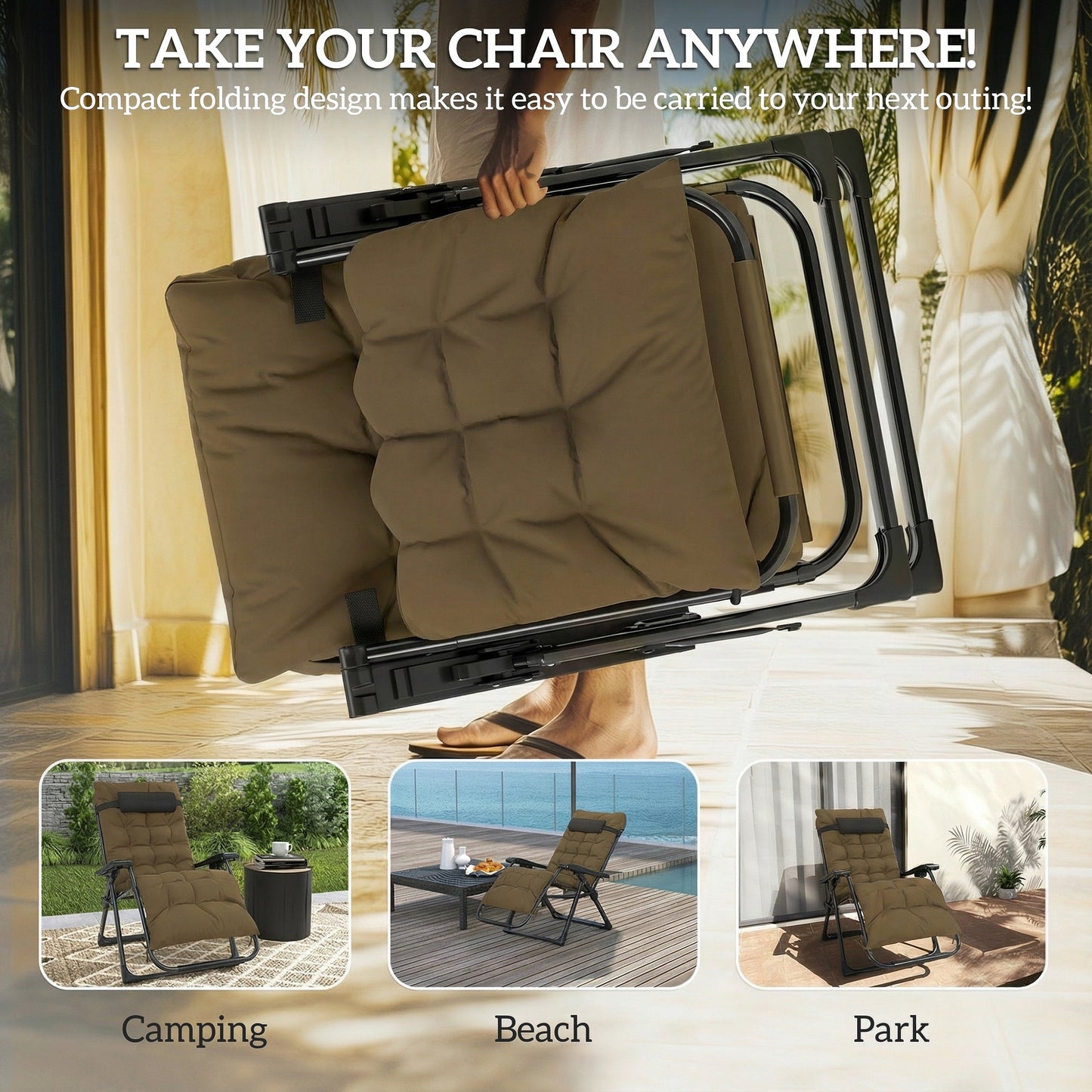 Reclining Zero Gravity Chair with Adjustable Backrest, Folding Garden Sun Lounger, Outdoor Recliner with Removable Cushion and Headrest, Khaki
