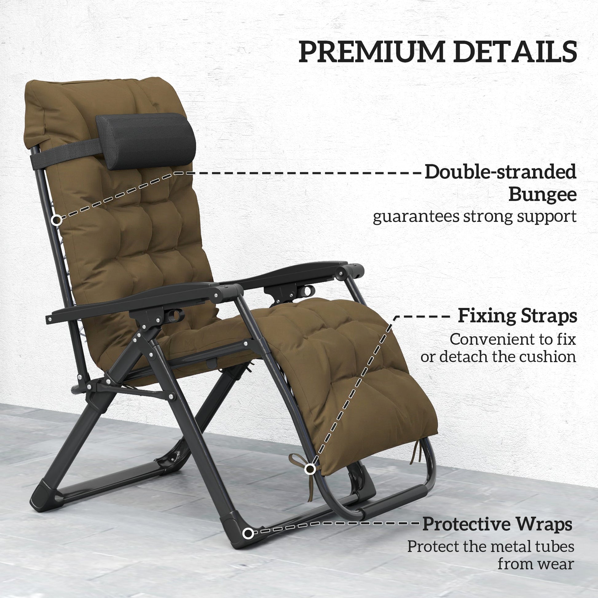 Reclining Zero Gravity Chair with Adjustable Backrest, Folding Garden Sun Lounger, Outdoor Recliner with Removable Cushion and Headrest, Khaki