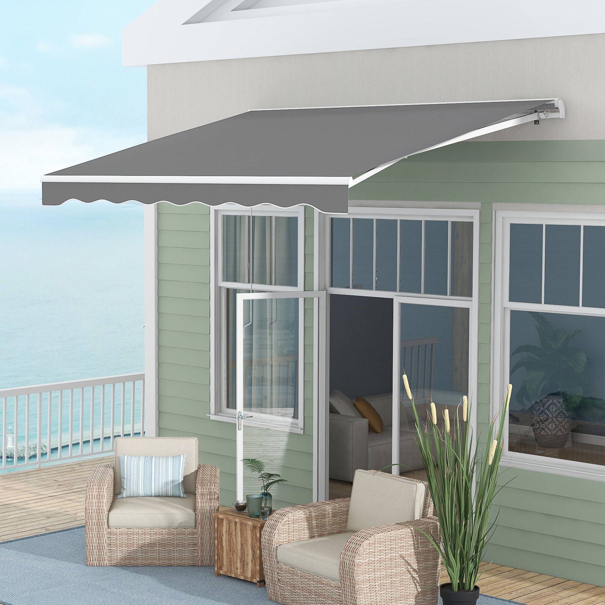 10' x 8' Electric Awning, Retractable Awning Sun Shade Shelter with Remote Controller, Manual Crank Handle and Aluminum Frame, for Deck, Balcony, Yard, Light Grey