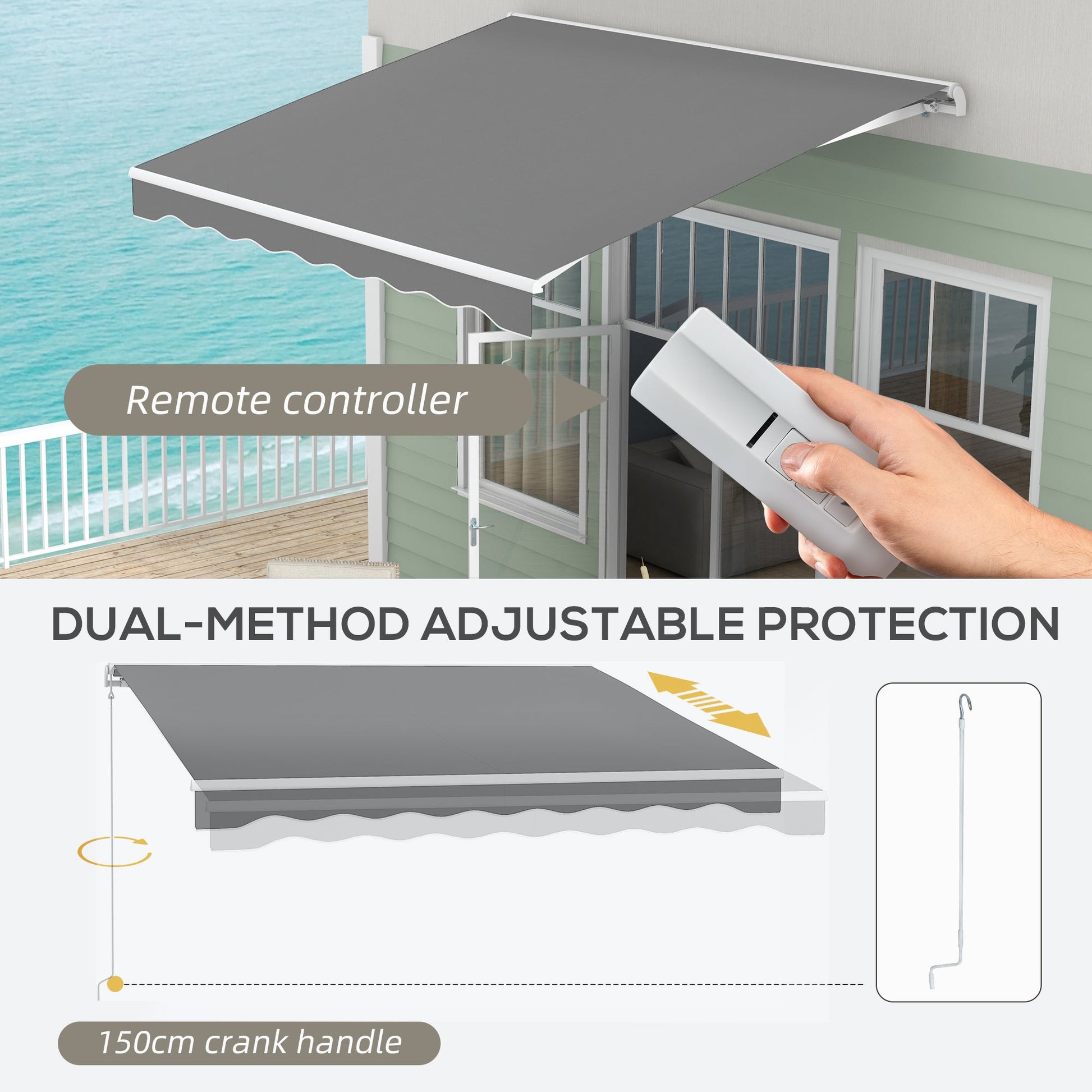 10' x 8' Electric Awning, Retractable Awning Sun Shade Shelter with Remote Controller, Manual Crank Handle and Aluminum Frame, for Deck, Balcony, Yard, Light Grey