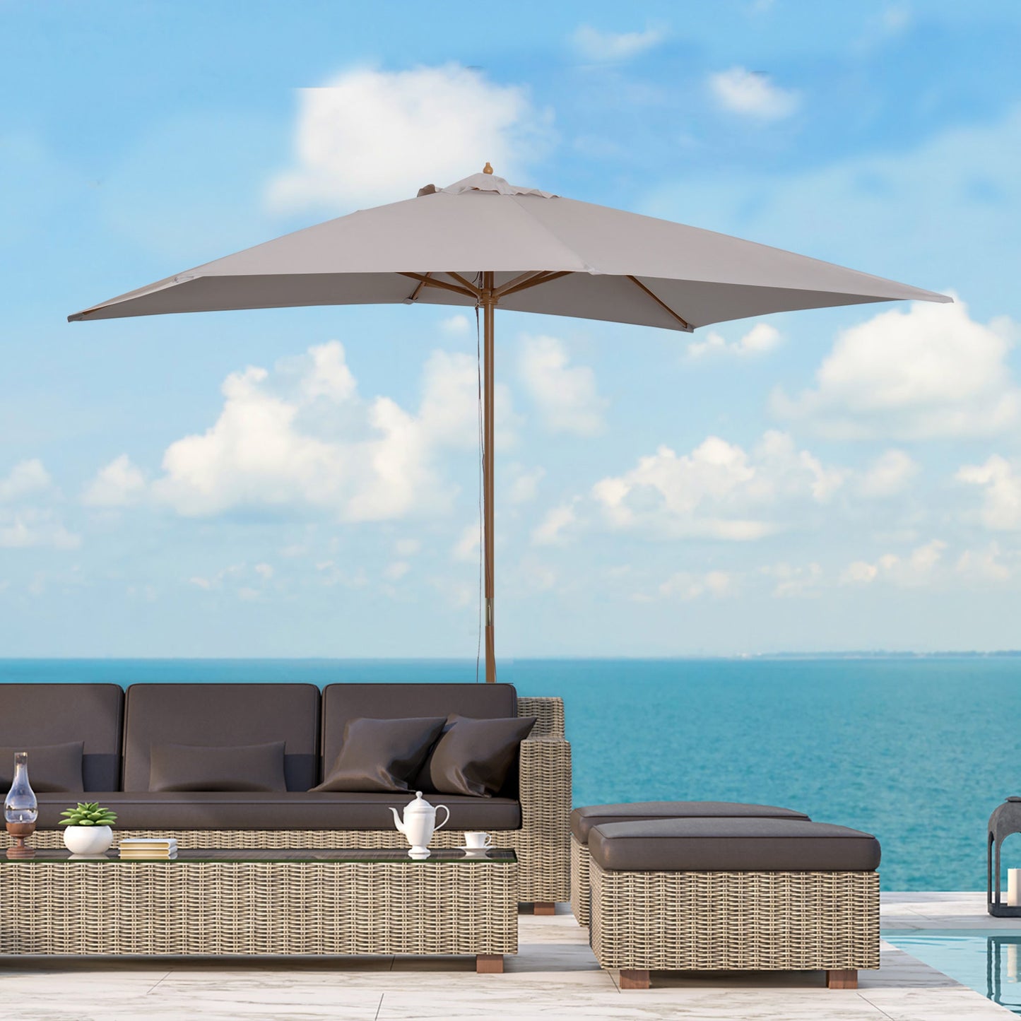 7' x 10' Wooden Patio Umbrella, Rectangular Garden Parasol, Market Table Umbrella with Top Vent, Grey