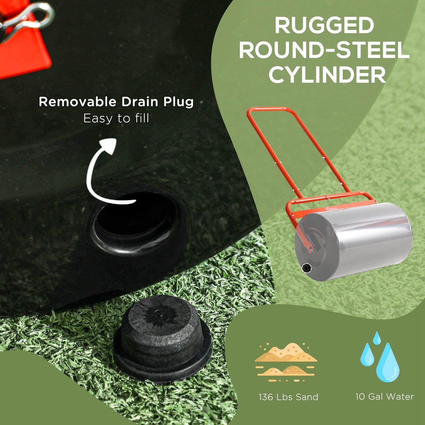 20" Push/Tow Behind Lawn Roller, Heavy Duty Sod Drum Roller Filled with 11 Gal Water/136 Lbs Sand, Grass Flattener for Yard, Patio, Park, Red