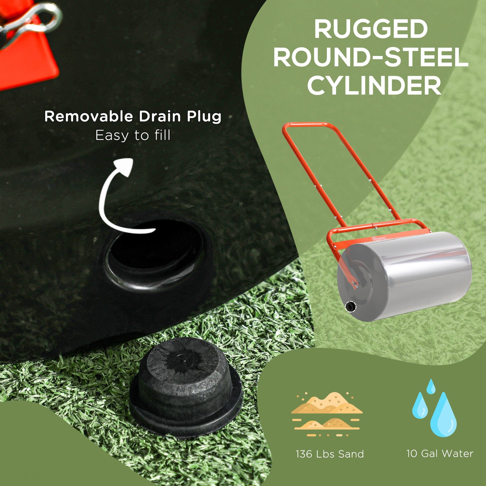 20" Push/Tow Behind Lawn Roller, Heavy Duty Sod Drum Roller Filled with 11 Gal Water/136 Lbs Sand, Grass Flattener for Yard, Patio, Park, Red