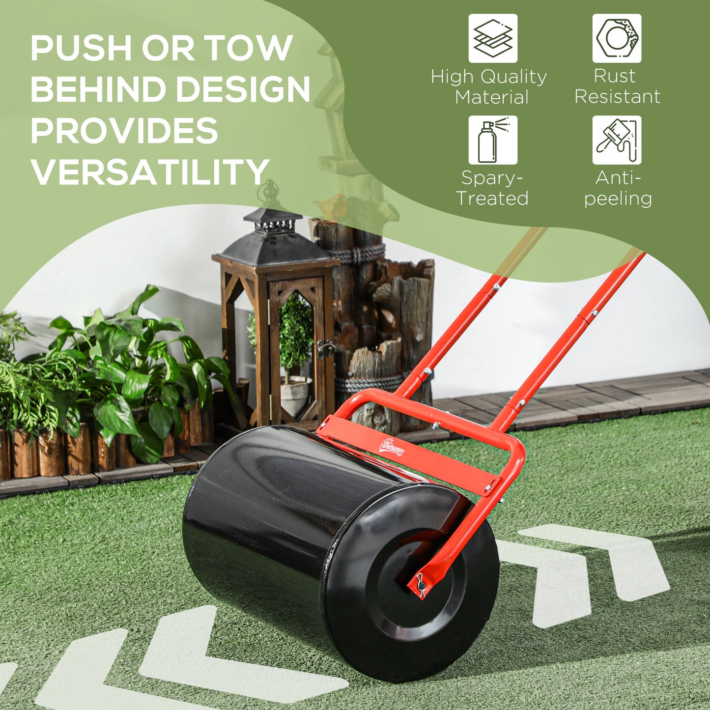 20" Push/Tow Behind Lawn Roller, Heavy Duty Sod Drum Roller Filled with 11 Gal Water/136 Lbs Sand, Grass Flattener for Yard, Patio, Park, Red