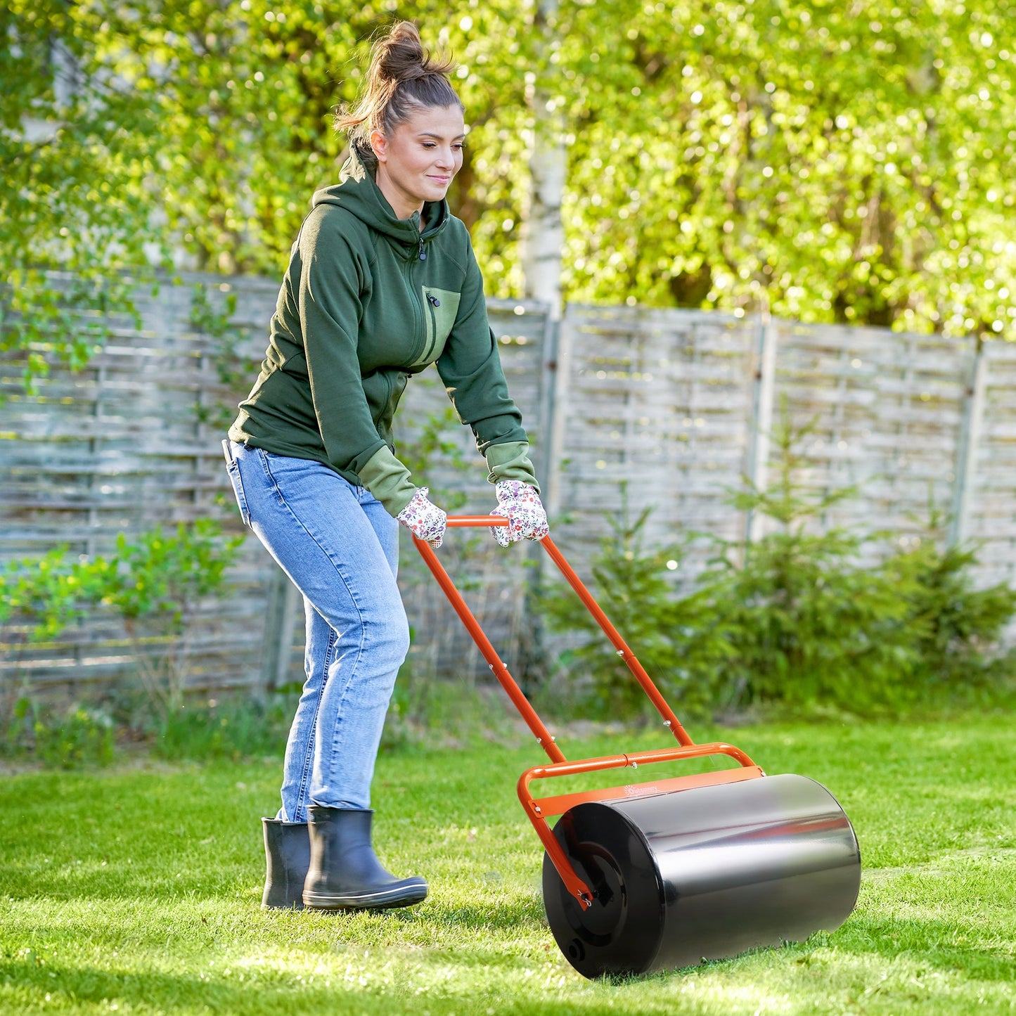 20" Push/Tow Behind Lawn Roller, Heavy Duty Sod Drum Roller Filled with 11 Gal Water/136 Lbs Sand, Grass Flattener for Yard, Patio, Park, Red