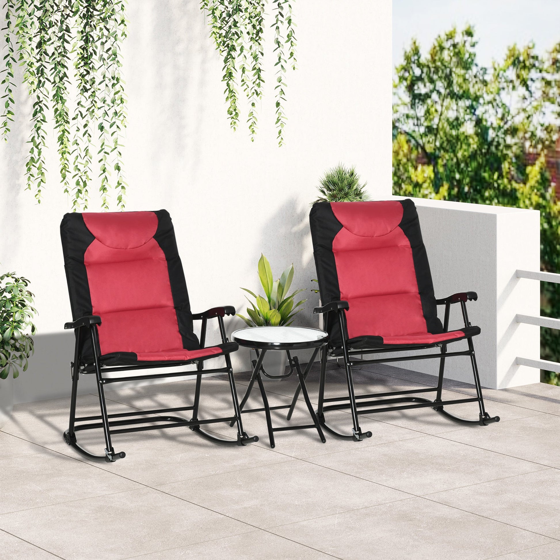 3pc Patio Foldable Rocking Chair Set, Outdoor Rocking Chairs and Table Bistro Set w/ Padded Seat, Headrest, Backrest for park, backyard, garden, Red