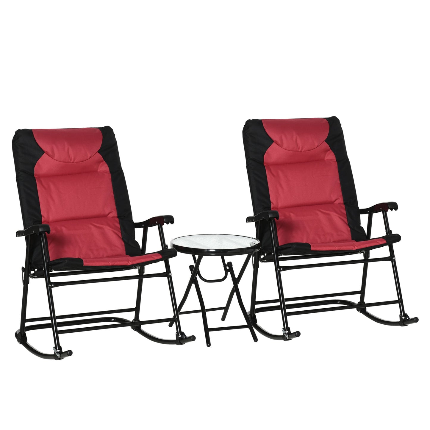 3pc Patio Foldable Rocking Chair Set, Outdoor Rocking Chairs and Table Bistro Set w/ Padded Seat, Headrest, Backrest for park, backyard, garden, Red