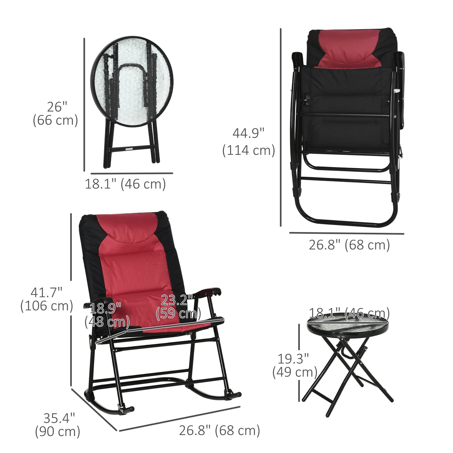 3pc Patio Foldable Rocking Chair Set, Outdoor Rocking Chairs and Table Bistro Set w/ Padded Seat, Headrest, Backrest for park, backyard, garden, Red