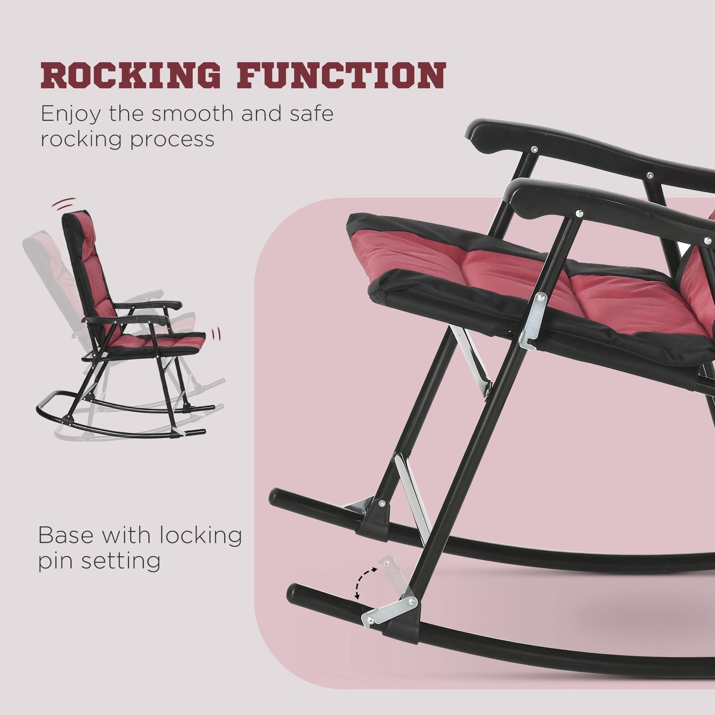 3pc Patio Foldable Rocking Chair Set, Outdoor Rocking Chairs and Table Bistro Set w/ Padded Seat, Headrest, Backrest for park, backyard, garden, Red