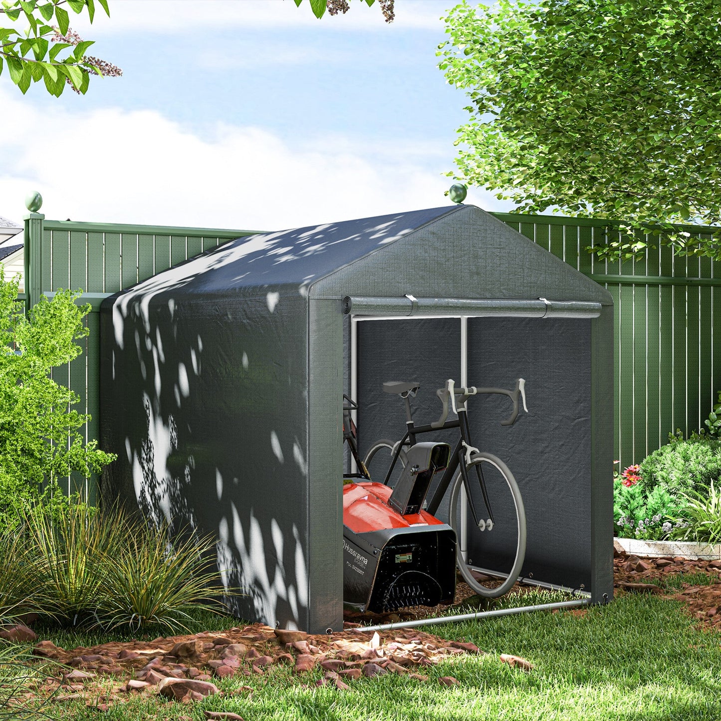 5.2 x 7.2 ft Portable Shed, Outdoor Storage Shed Bike Tent with Waterproof Cover, Galvanized Steel Frame & Roll-up Door for Bikes, Garden Tools, Motorcycles, Dark Grey