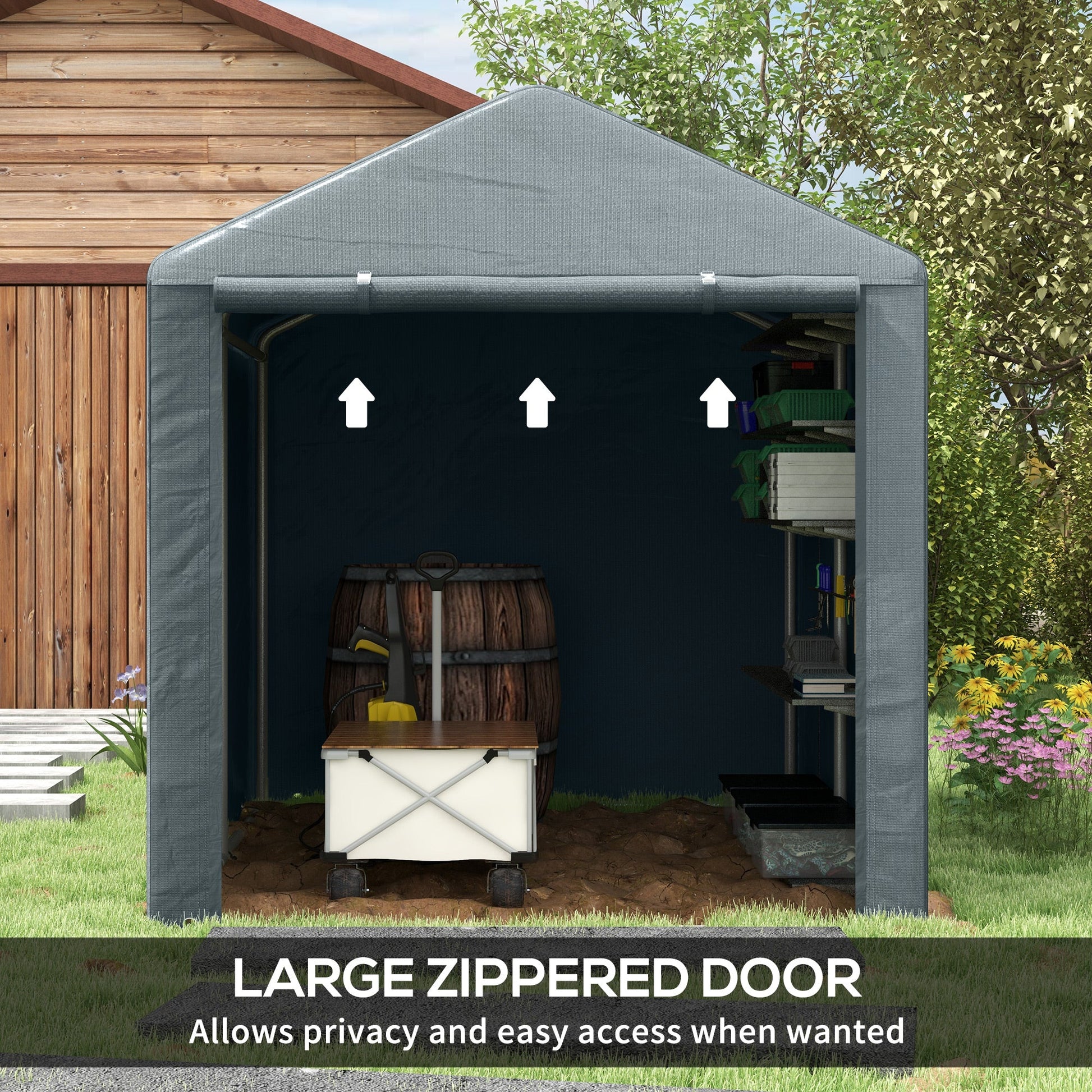 5.2 x 7.2 ft Portable Shed, Outdoor Storage Shed Bike Tent with Waterproof Cover, Galvanized Steel Frame & Roll-up Door for Bikes, Garden Tools, Motorcycles, Dark Grey