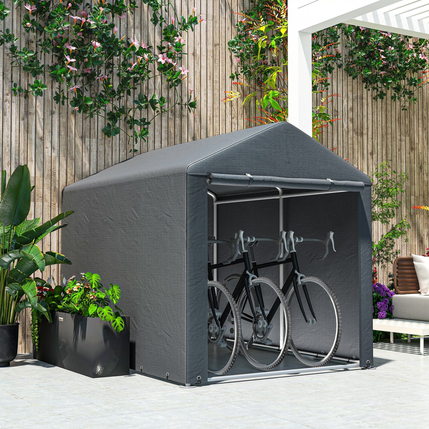 5.2 x 7.2 ft Portable Shed, Outdoor Storage Shed Bike Tent with Waterproof Cover, Galvanized Steel Frame & Roll-up Door for Bikes, Garden Tools, Motorcycles, Dark Grey
