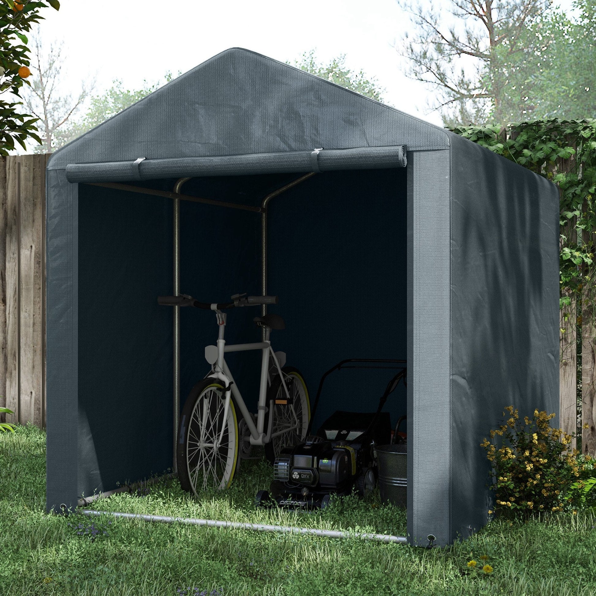5.2 x 7.2 ft Portable Shed, Outdoor Storage Shed Bike Tent with Waterproof Cover, Galvanized Steel Frame & Roll-up Door for Bikes, Garden Tools, Motorcycles, Dark Grey