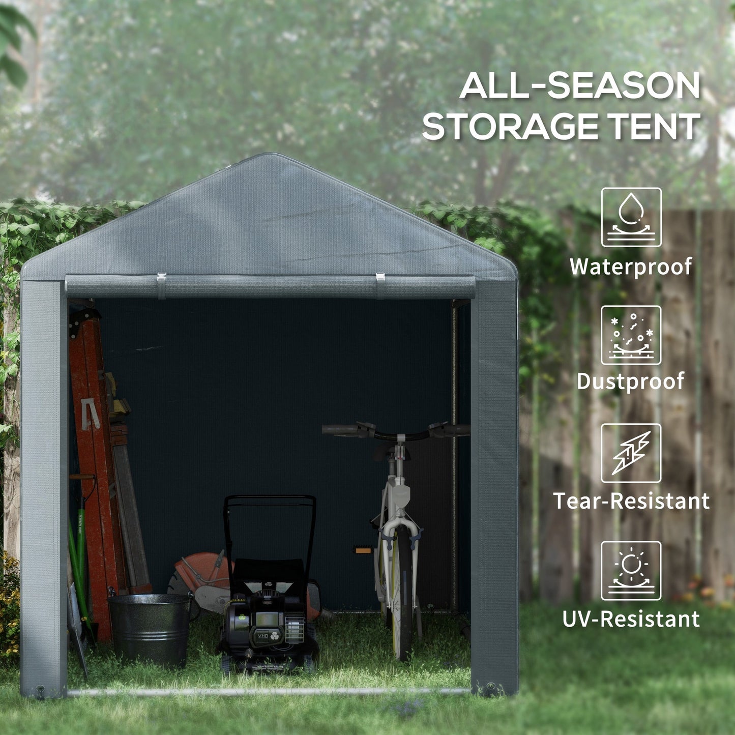 5.2 x 7.2 ft Portable Shed, Outdoor Storage Shed Bike Tent with Waterproof Cover, Galvanized Steel Frame & Roll-up Door for Bikes, Garden Tools, Motorcycles, Dark Grey