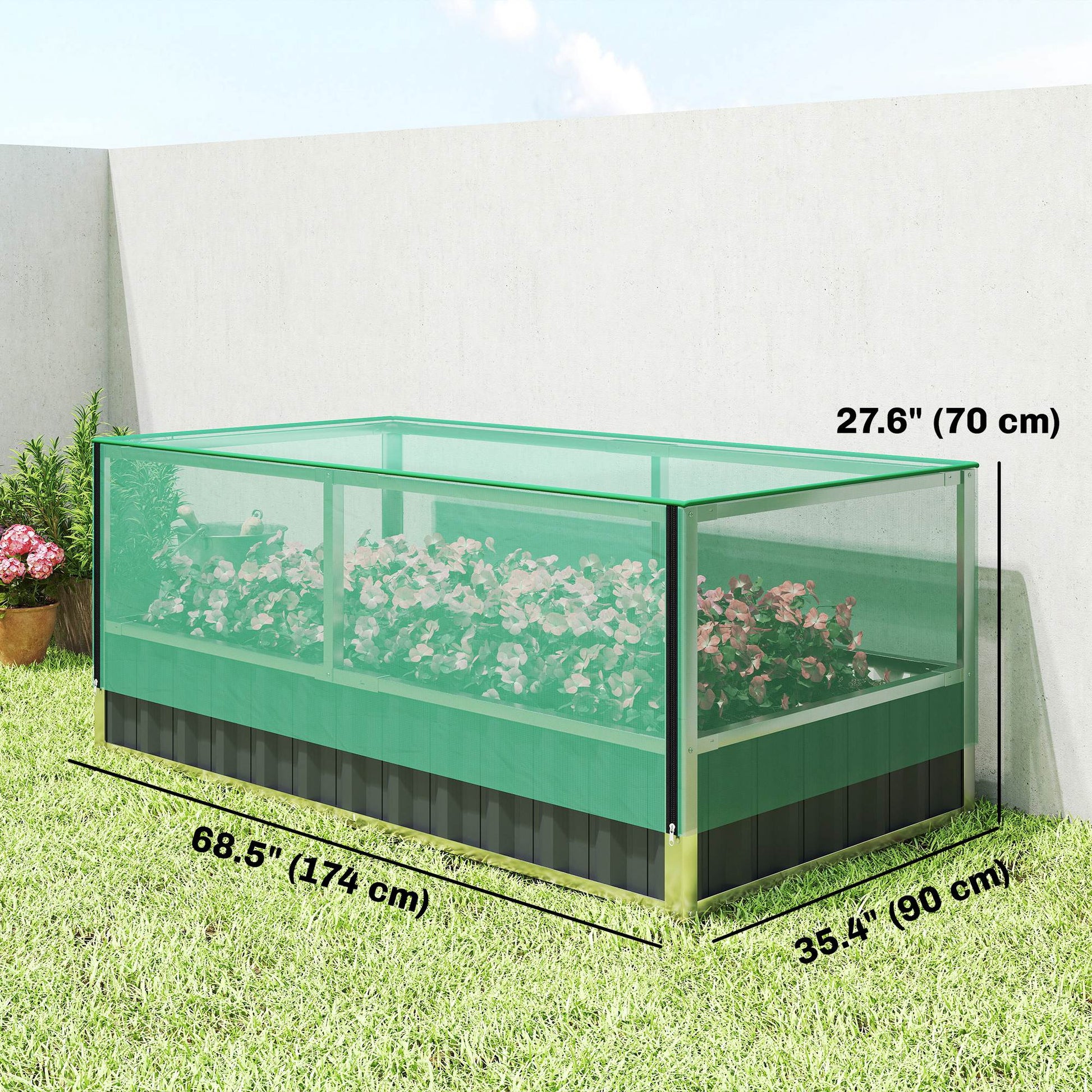 Raised Garden Bed, 5.7 x 3 x 2.3ft Steel Planter Box Outdoor with Cover, Gloves for Growing Vegetables, Flowers, Herbs, Dark Grey