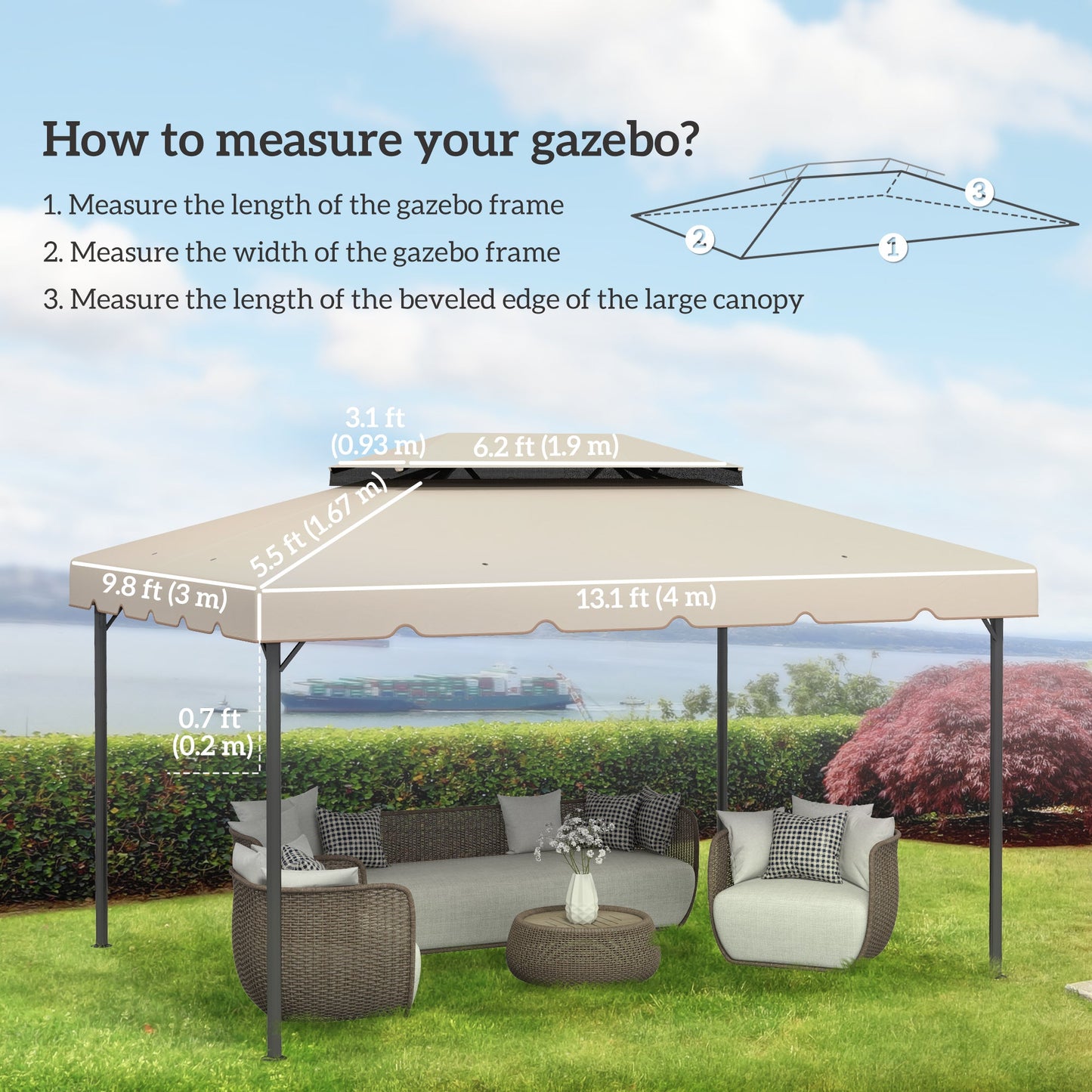 13.1' x 9.8' Gazebo Replacement Canopy, Gazebo Top Cover with Double Vented Roof for Garden Patio Outdoor TOP ONLY, Beige