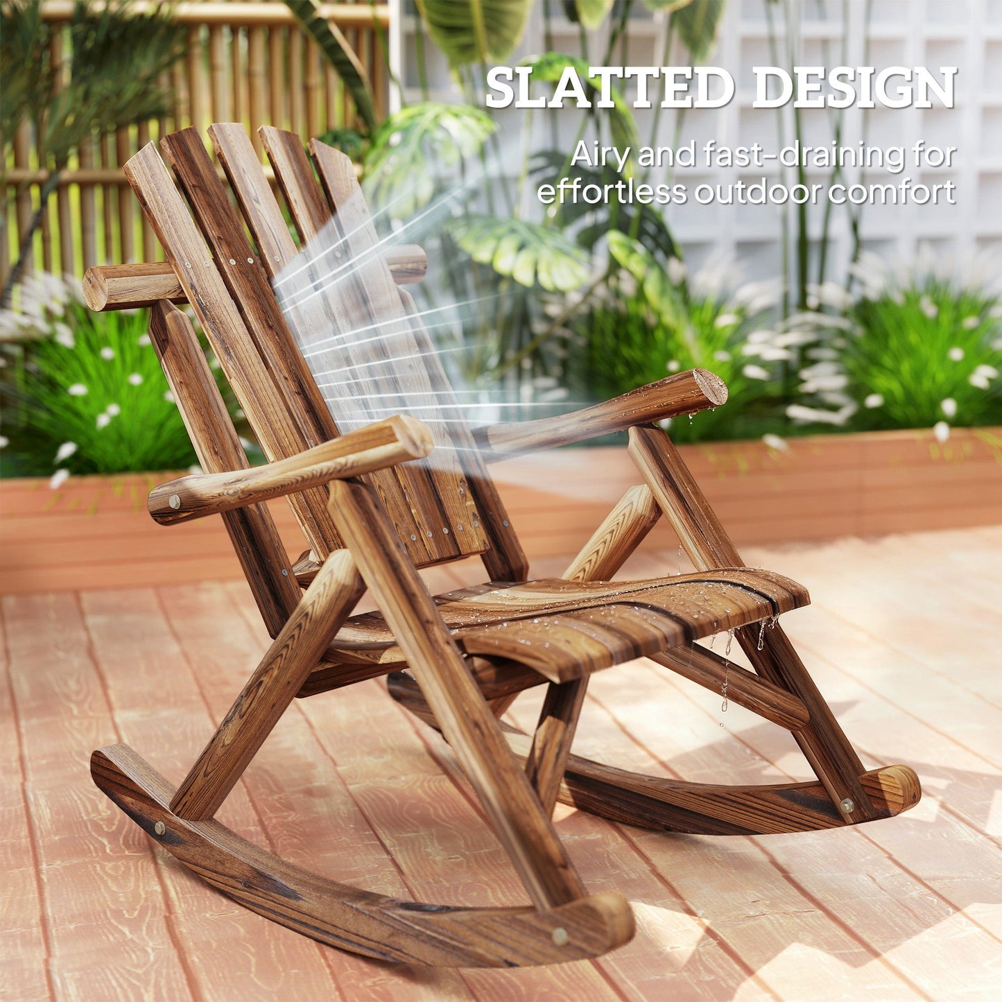 Outdoor Rocking Chair, Wooden Adirondack Outdoor Rocker with High Back and Slatted Seat, Oversized Rustic Patio Rocking Chair for Garden, Porch, Yard, Balcony, Carbonized