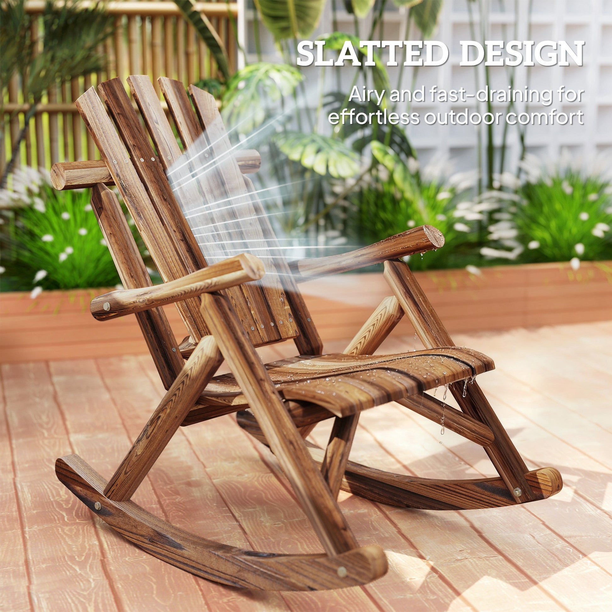 Outdoor Rocking Chair, Wooden Adirondack Outdoor Rocker with High Back and Slatted Seat, Oversized Rustic Patio Rocking Chair for Garden, Porch, Yard, Balcony, Carbonized