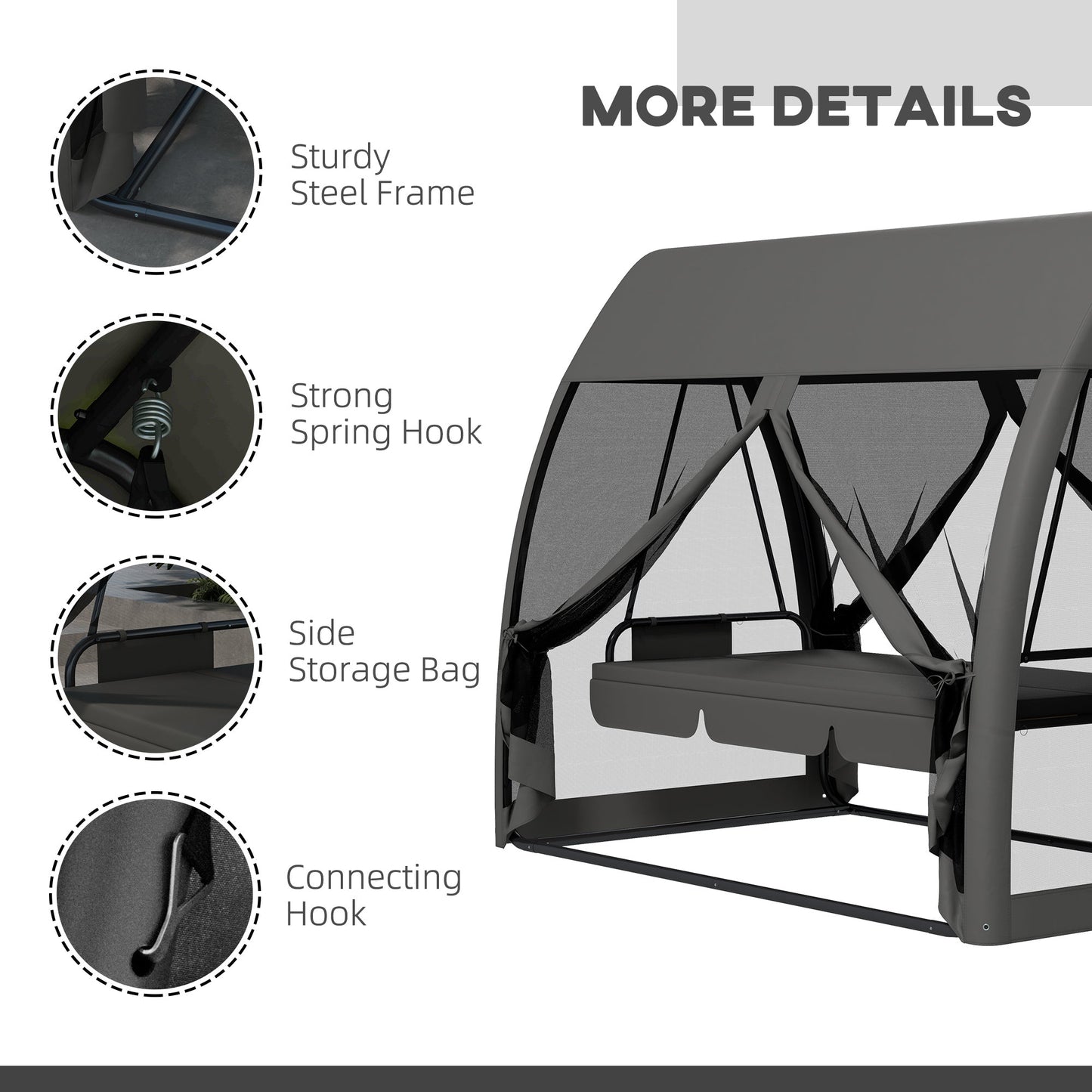 3-Seat Outdoor Swing Chair, Chaise Lounger Bed, Garden Hammock, Converting Flat Bed with Steel Stand, Canopy and Mesh Netting for Garden, Patio, Porch, Dark Grey