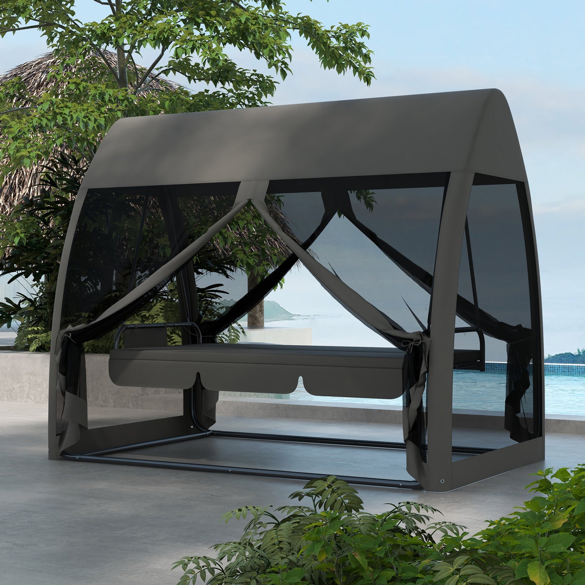 3-Seat Outdoor Swing Chair, Chaise Lounger Bed, Garden Hammock, Converting Flat Bed with Steel Stand, Canopy and Mesh Netting for Garden, Patio, Porch, Dark Grey