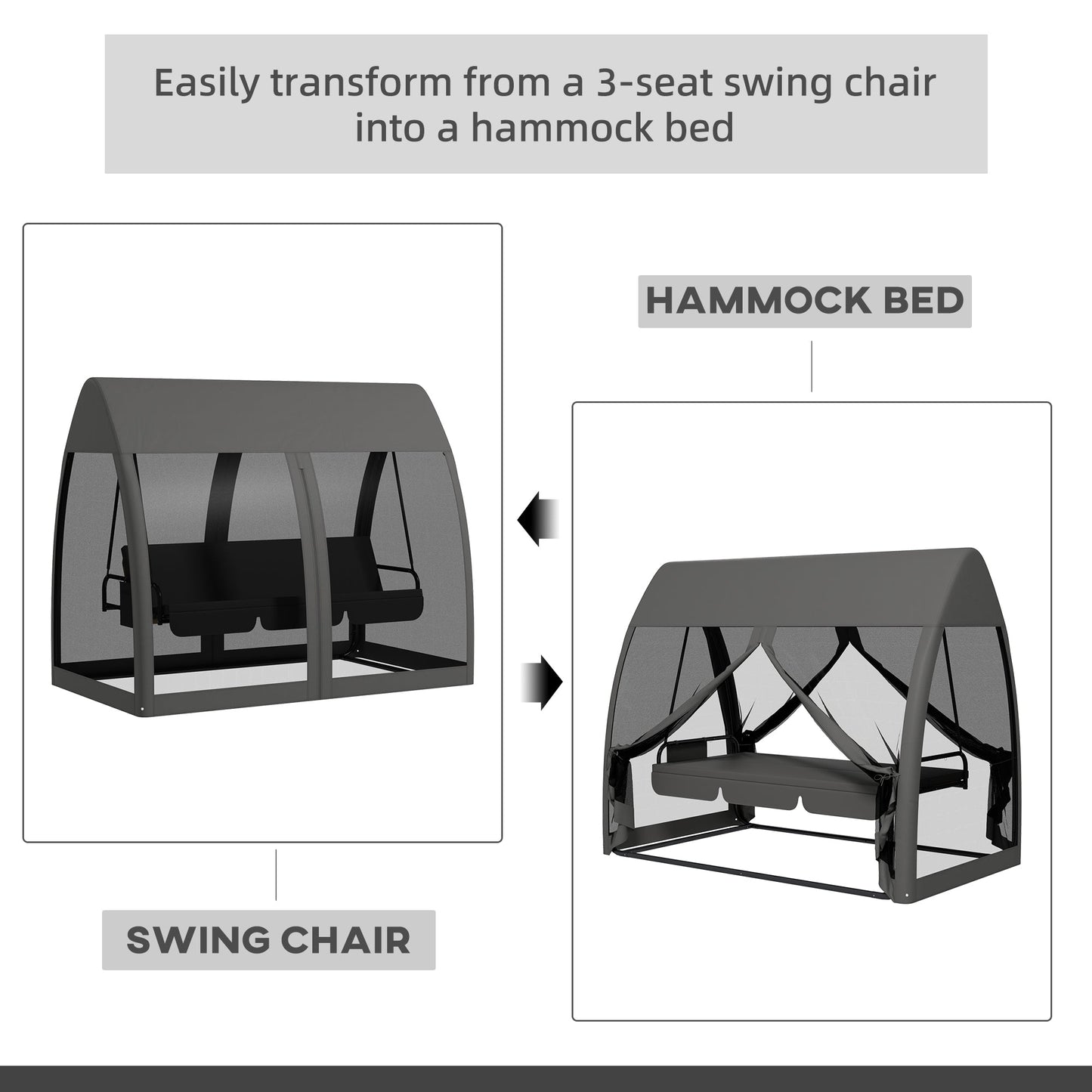 3-Seat Outdoor Swing Chair, Chaise Lounger Bed, Garden Hammock, Converting Flat Bed with Steel Stand, Canopy and Mesh Netting for Garden, Patio, Porch, Dark Grey