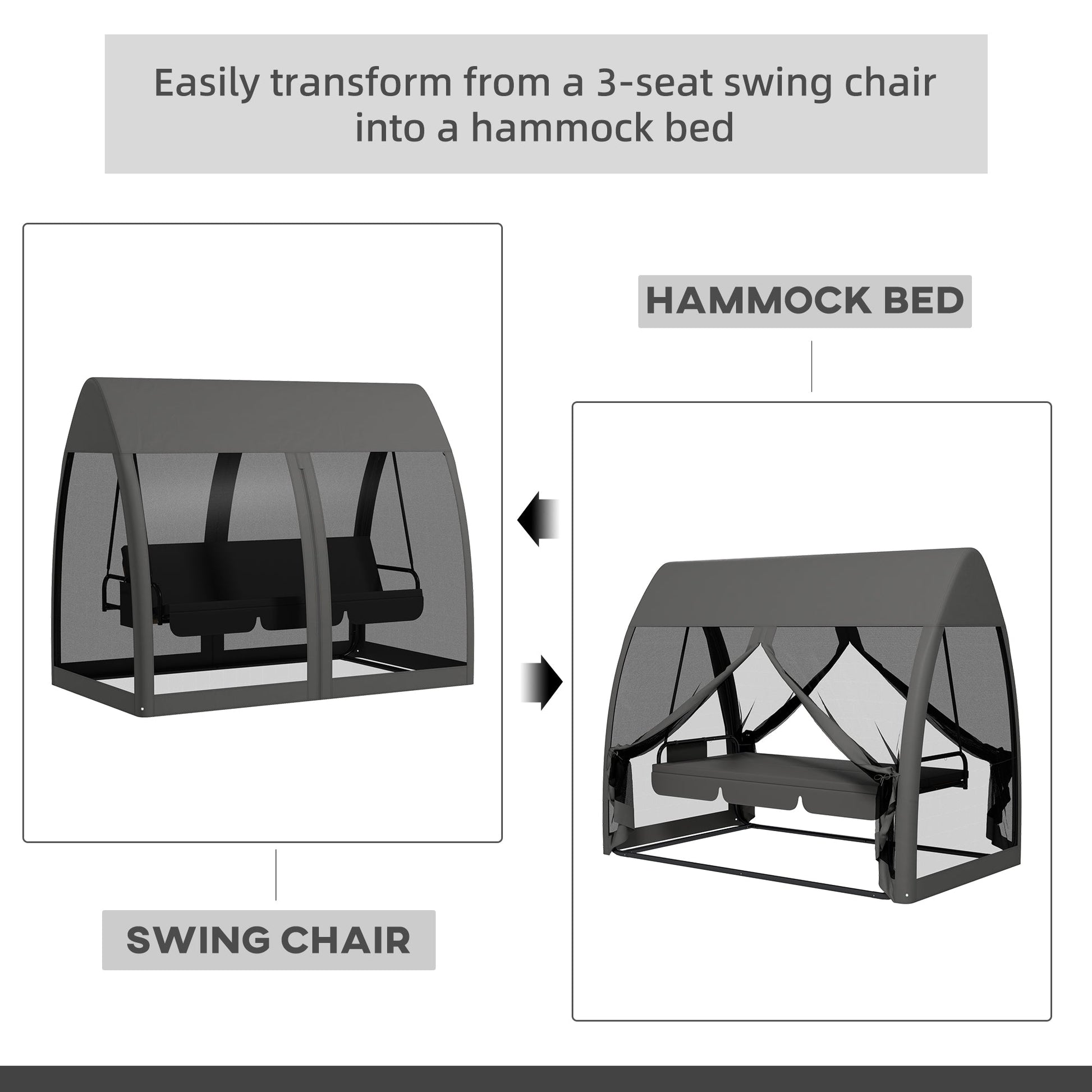 3-Seat Outdoor Swing Chair, Chaise Lounger Bed, Garden Hammock, Converting Flat Bed with Steel Stand, Canopy and Mesh Netting for Garden, Patio, Porch, Dark Grey