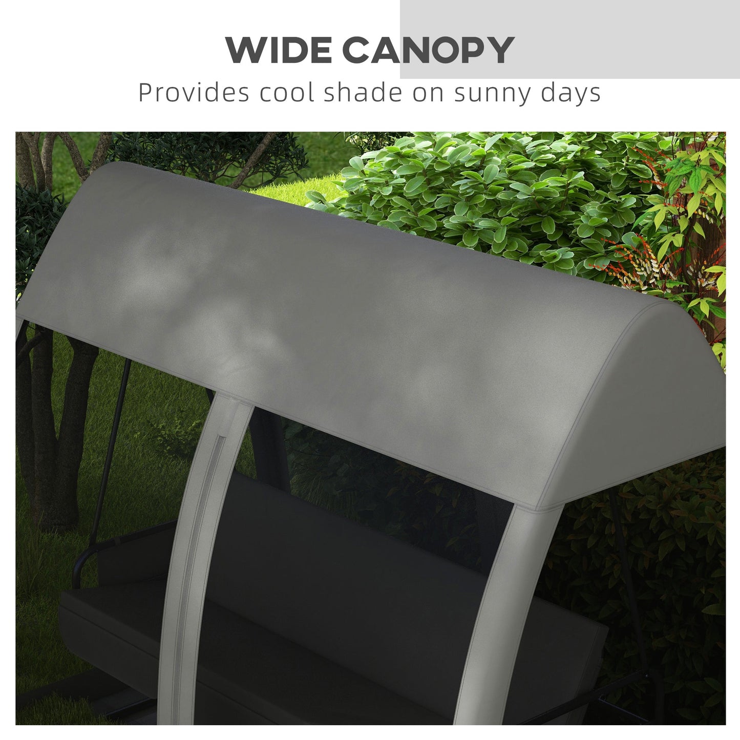3-Seat Outdoor Swing Chair, Chaise Lounger Bed, Garden Hammock, Converting Flat Bed with Steel Stand, Canopy and Mesh Netting for Garden, Patio, Porch, Dark Grey