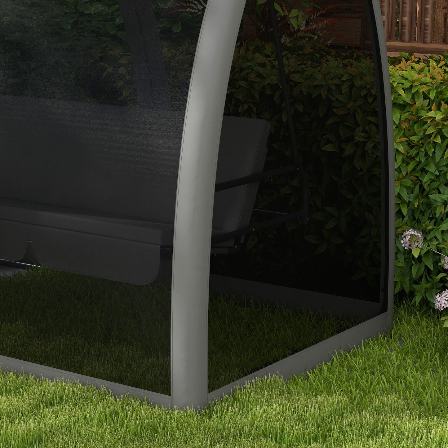 3-Seat Outdoor Swing Chair, Chaise Lounger Bed, Garden Hammock, Converting Flat Bed with Steel Stand, Canopy and Mesh Netting for Garden, Patio, Porch, Dark Grey