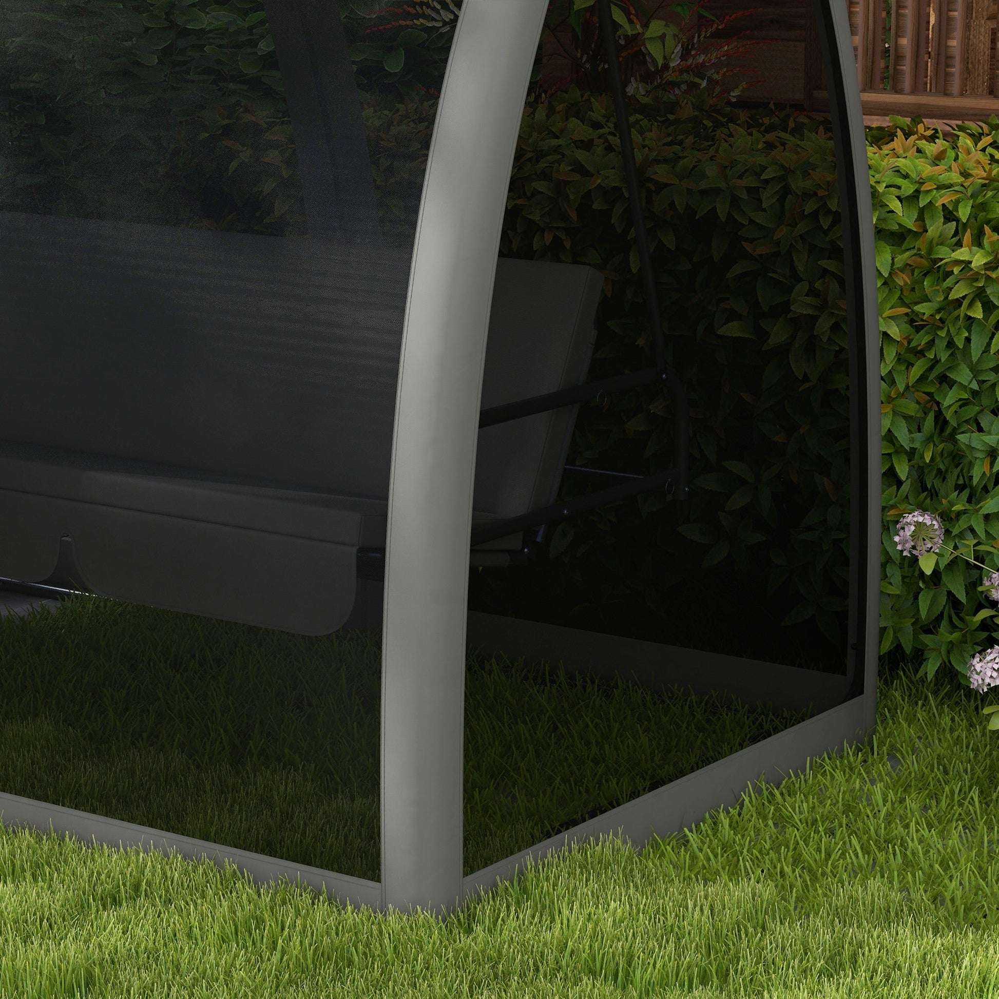3-Seat Outdoor Swing Chair, Chaise Lounger Bed, Garden Hammock, Converting Flat Bed with Steel Stand, Canopy and Mesh Netting for Garden, Patio, Porch, Dark Grey