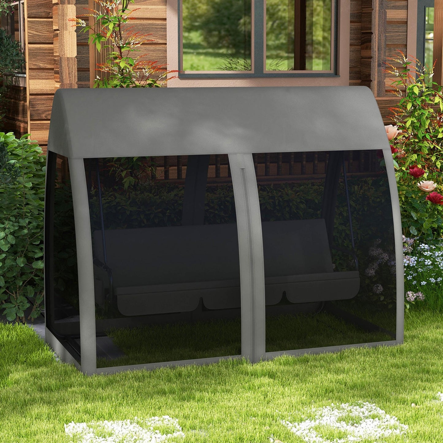 3-Seat Outdoor Swing Chair, Chaise Lounger Bed, Garden Hammock, Converting Flat Bed with Steel Stand, Canopy and Mesh Netting for Garden, Patio, Porch, Dark Grey