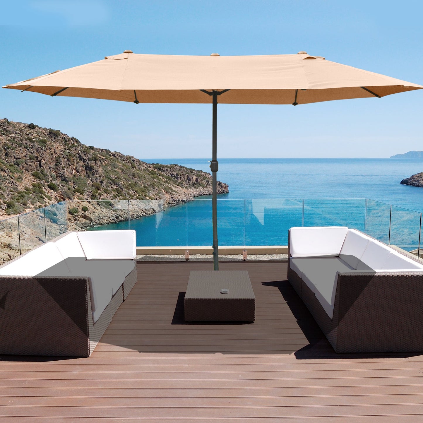 15' Outdoor Patio Umbrella with Twin Canopy Sunshade Steel Table Umbrella with Lift Crank, Cross base, Sandbag, Brown