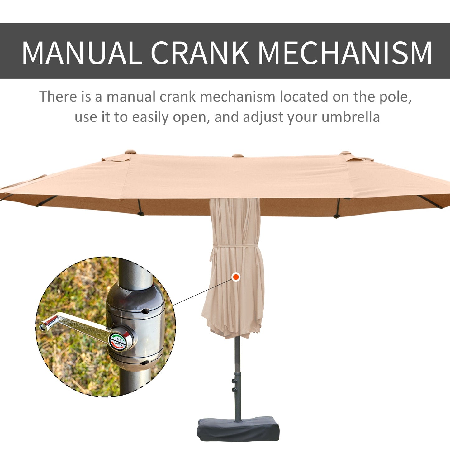 15' Outdoor Patio Umbrella with Twin Canopy Sunshade Steel Table Umbrella with Lift Crank, Cross base, Sandbag, Brown
