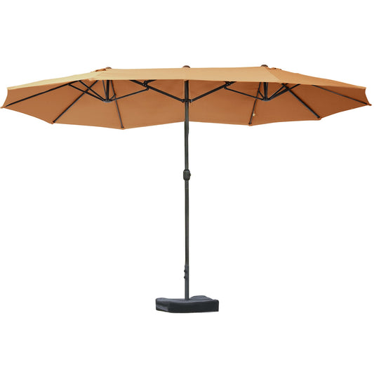 15' Outdoor Patio Umbrella with Twin Canopy Sunshade Steel Table Umbrella with Lift Crank, Cross base, Sandbag, Brown