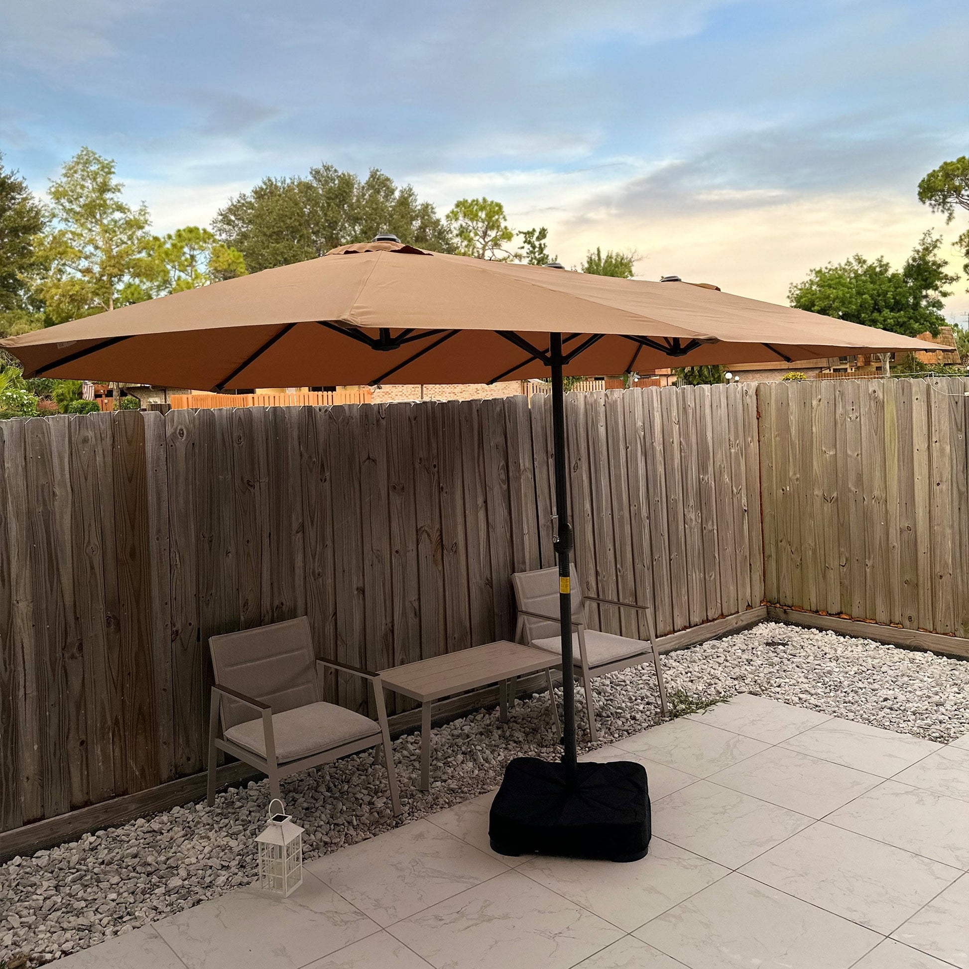 15' Outdoor Patio Umbrella with Twin Canopy Sunshade Steel Table Umbrella with Lift Crank, Cross base, Sandbag, Brown