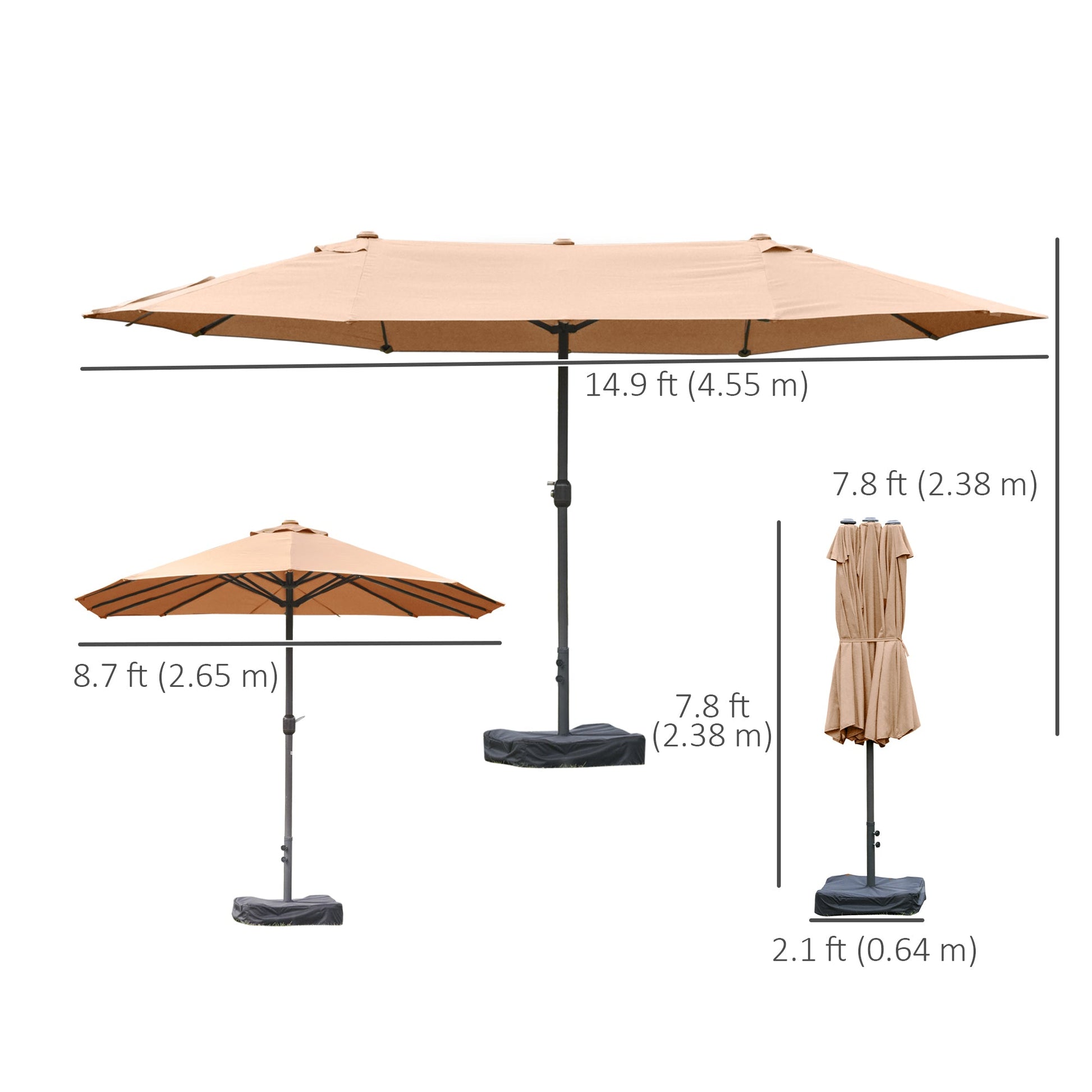 15' Outdoor Patio Umbrella with Twin Canopy Sunshade Steel Table Umbrella with Lift Crank, Cross base, Sandbag, Brown